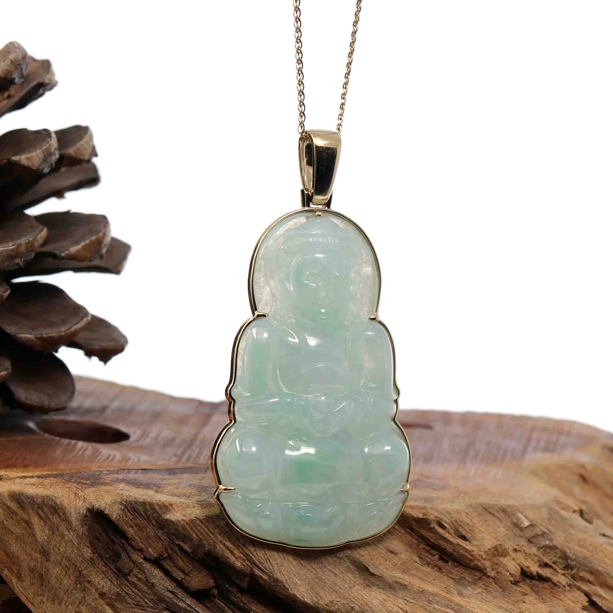 Baikalla Jewelry Jade Guanyin Pendant Necklace 18K Standard Gold Chain &quot;Goddess of Compassion&quot; 18k Yellow Gold Genuine Burmese Jadeite Jade Guanyin Necklace