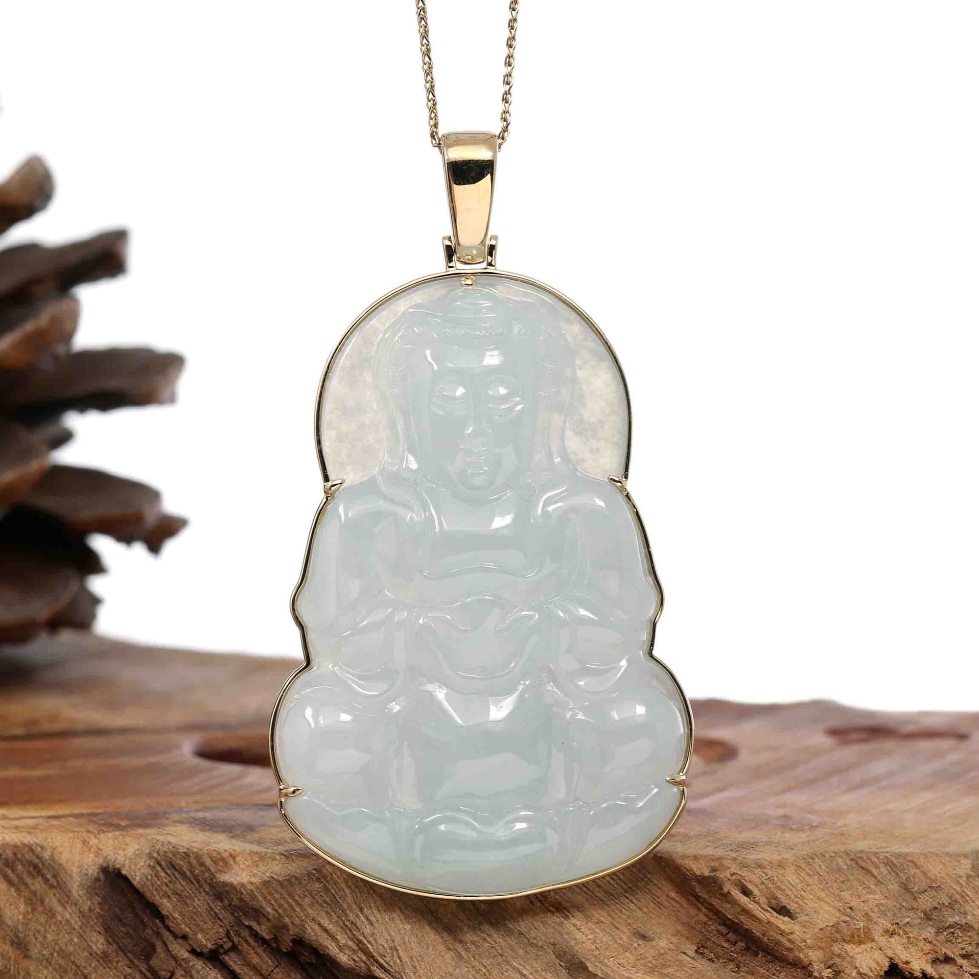 Baikalla Jewelry Jade Guanyin Pendant Necklace Pendant Only "Goddess of Compassion" 14k Yellow Gold Genuine Burmese Jadeite Jade Guanyin Necklace