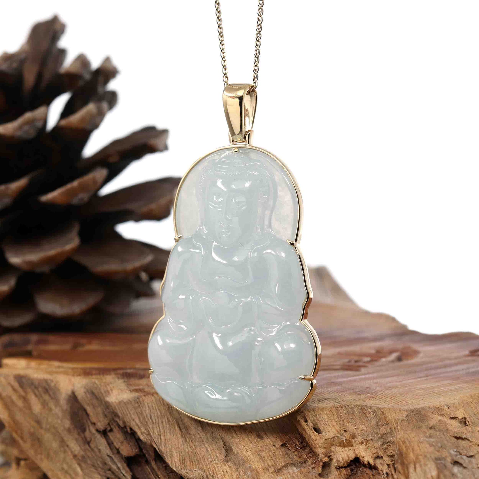 Baikalla Jewelry Jade Guanyin Pendant Necklace &quot;Goddess of Compassion&quot; 14k Yellow Gold Genuine Burmese Jadeite Jade Guanyin Necklace