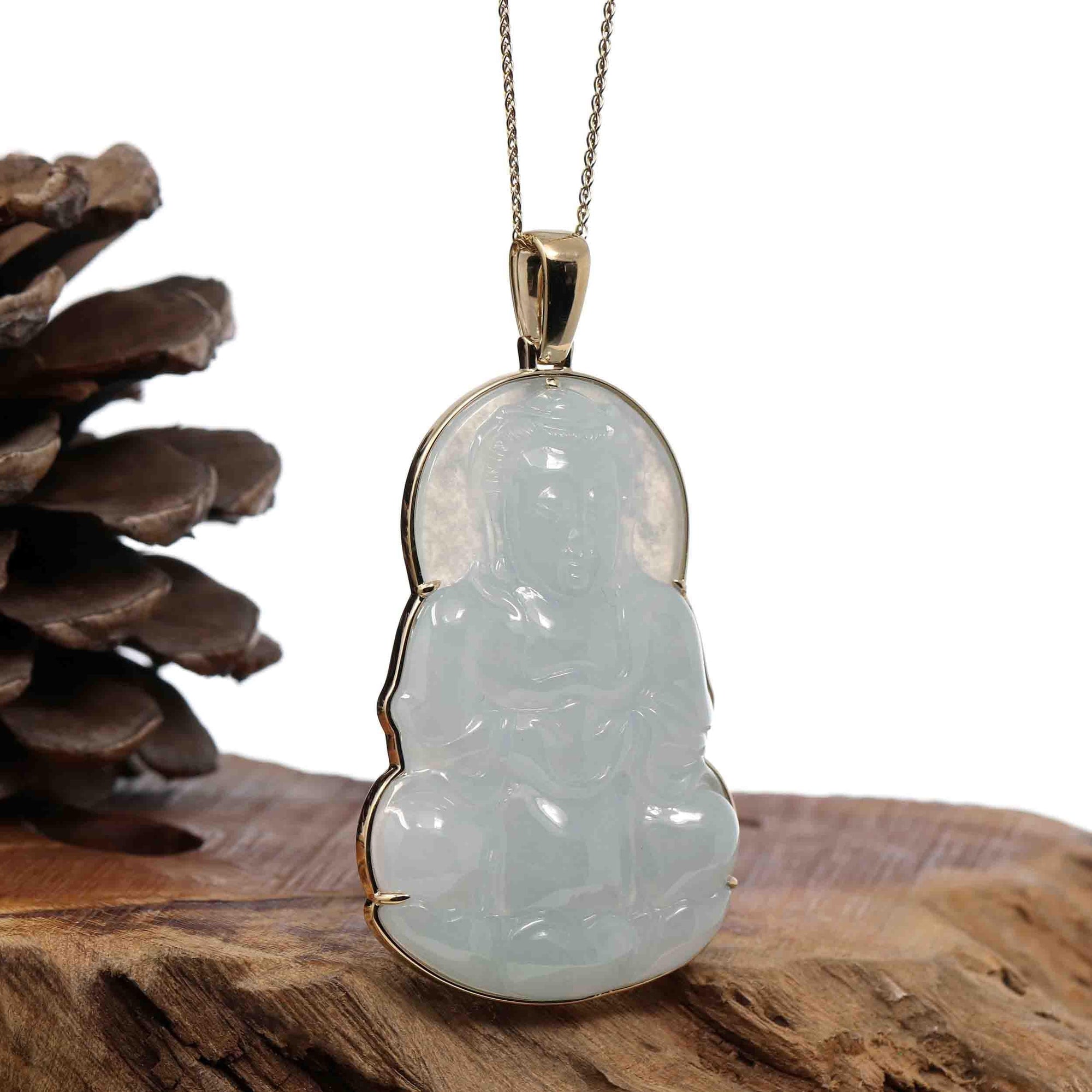 Baikalla Jewelry Jade Guanyin Pendant Necklace &quot;Goddess of Compassion&quot; 14k Yellow Gold Genuine Burmese Jadeite Jade Guanyin Necklace