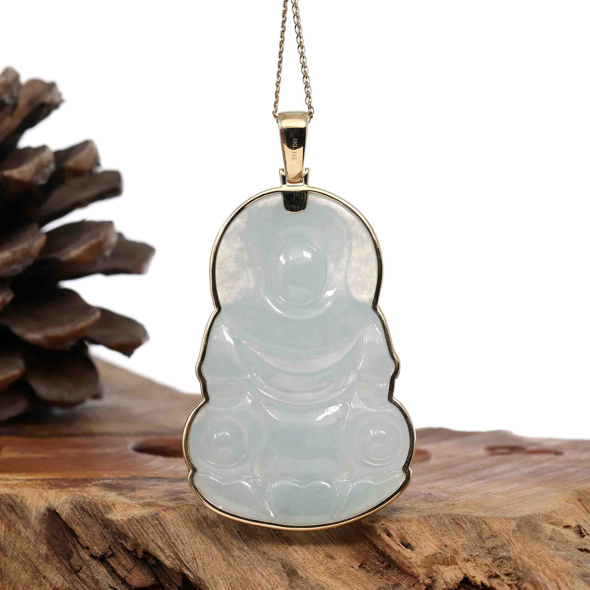 Baikalla Jewelry Jade Guanyin Pendant Necklace "Goddess of Compassion" 14k Yellow Gold Genuine Burmese Jadeite Jade Guanyin Necklace