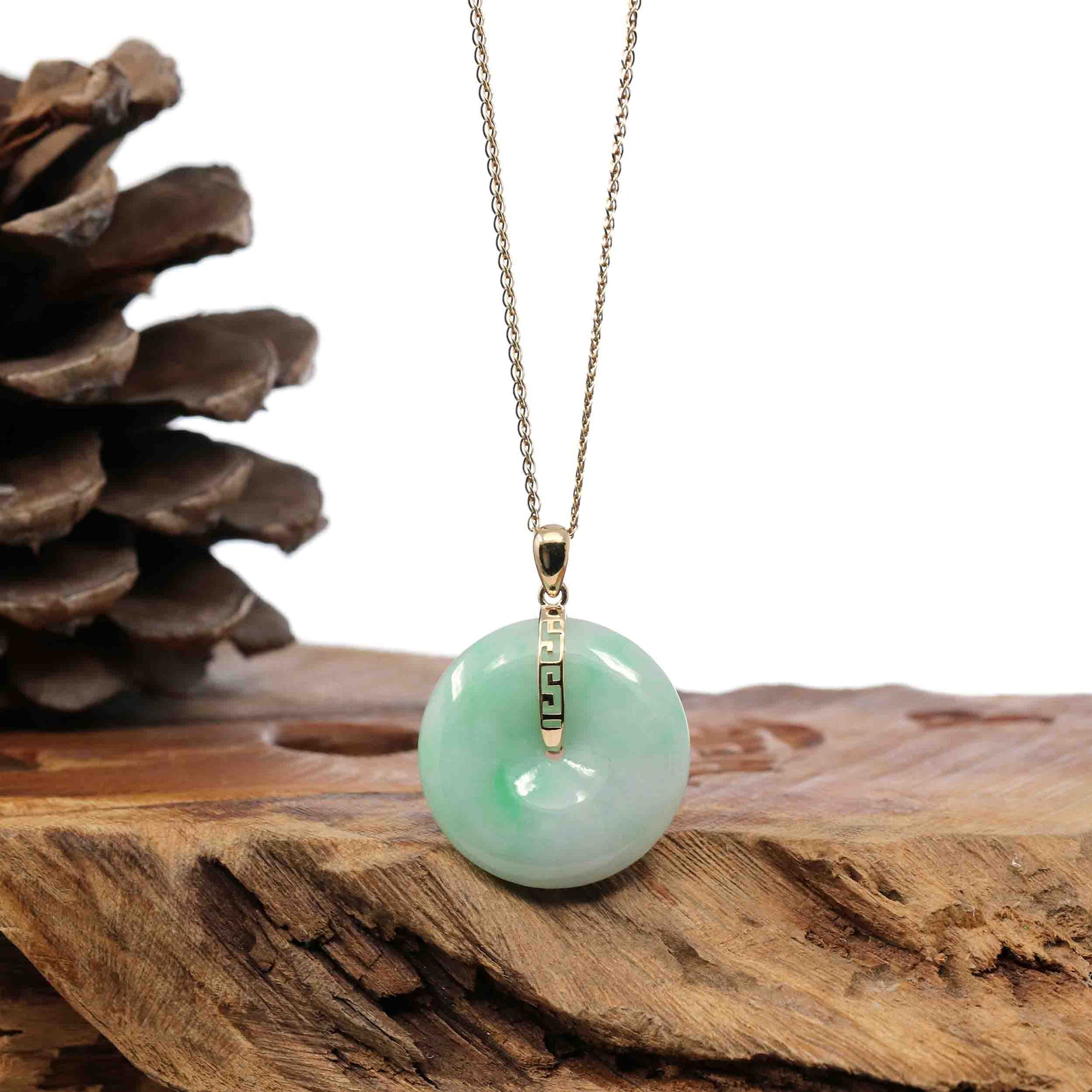 Baikalla Jewelry Gold Jadeite Jade Pendant Necklace "Good Luck Button" Lavender Jadeite Jade Lucky KouKou Pendant With 14K Yellow Gold Bail