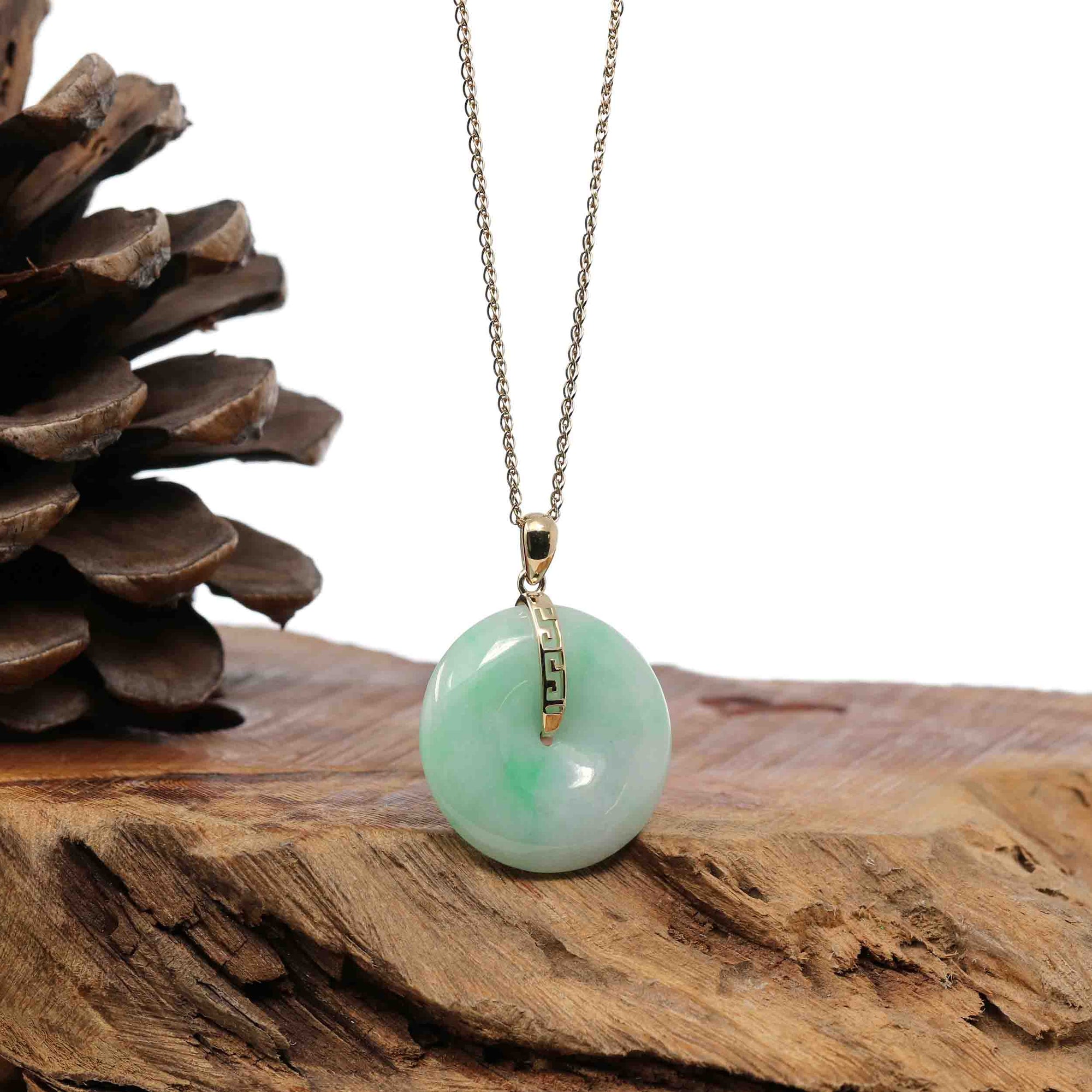 Baikalla Jewelry Gold Jadeite Jade Pendant Necklace &quot;Good Luck Button&quot; Lavender Jadeite Jade Lucky KouKou Pendant With 14K Yellow Gold Bail