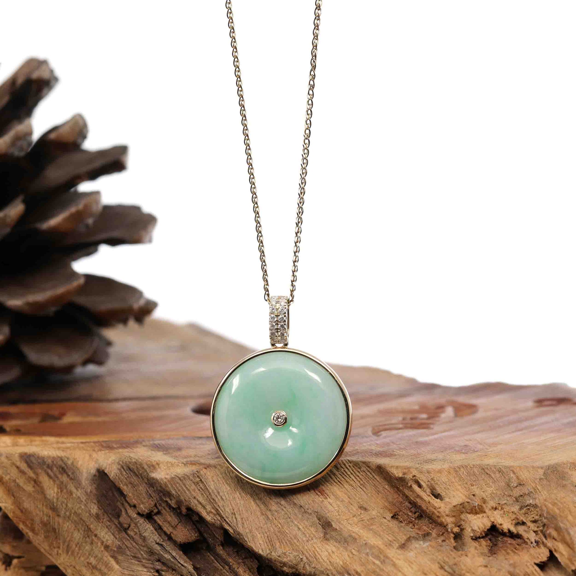 Baikalla Jewelry Gold Jadeite Jade Pendant Necklace 14K Yellow Gold &quot;Good Luck Button&quot; Necklace Green Jadeite Jade Lucky KouKou Pendant Necklace