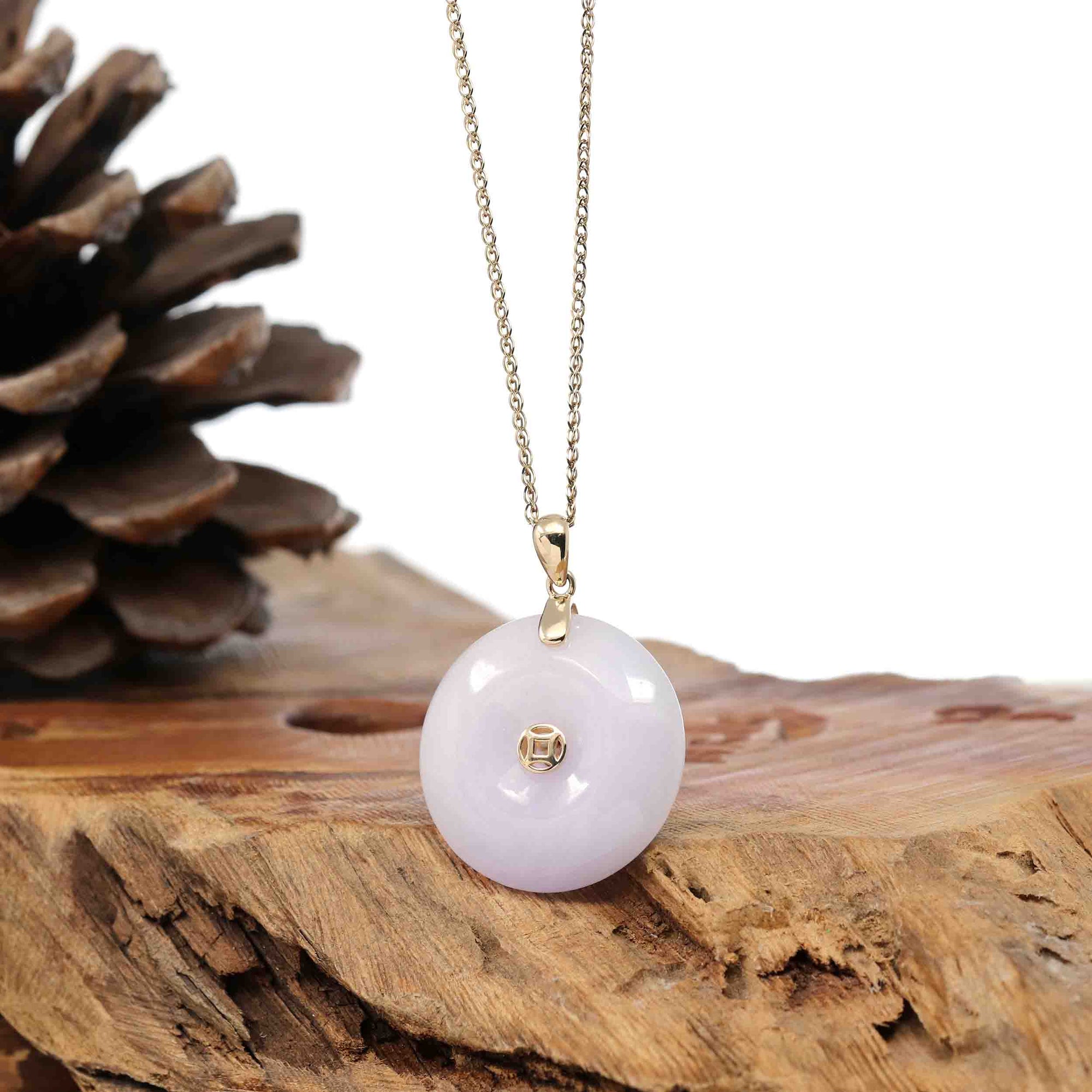 Baikalla Jewelry Gold Jadeite Jade Pendant Necklace &quot;Good Luck Button&quot; Lavender Jadeite Jade Lucky KouKou Pendant With 14K Yellow Gold Bail