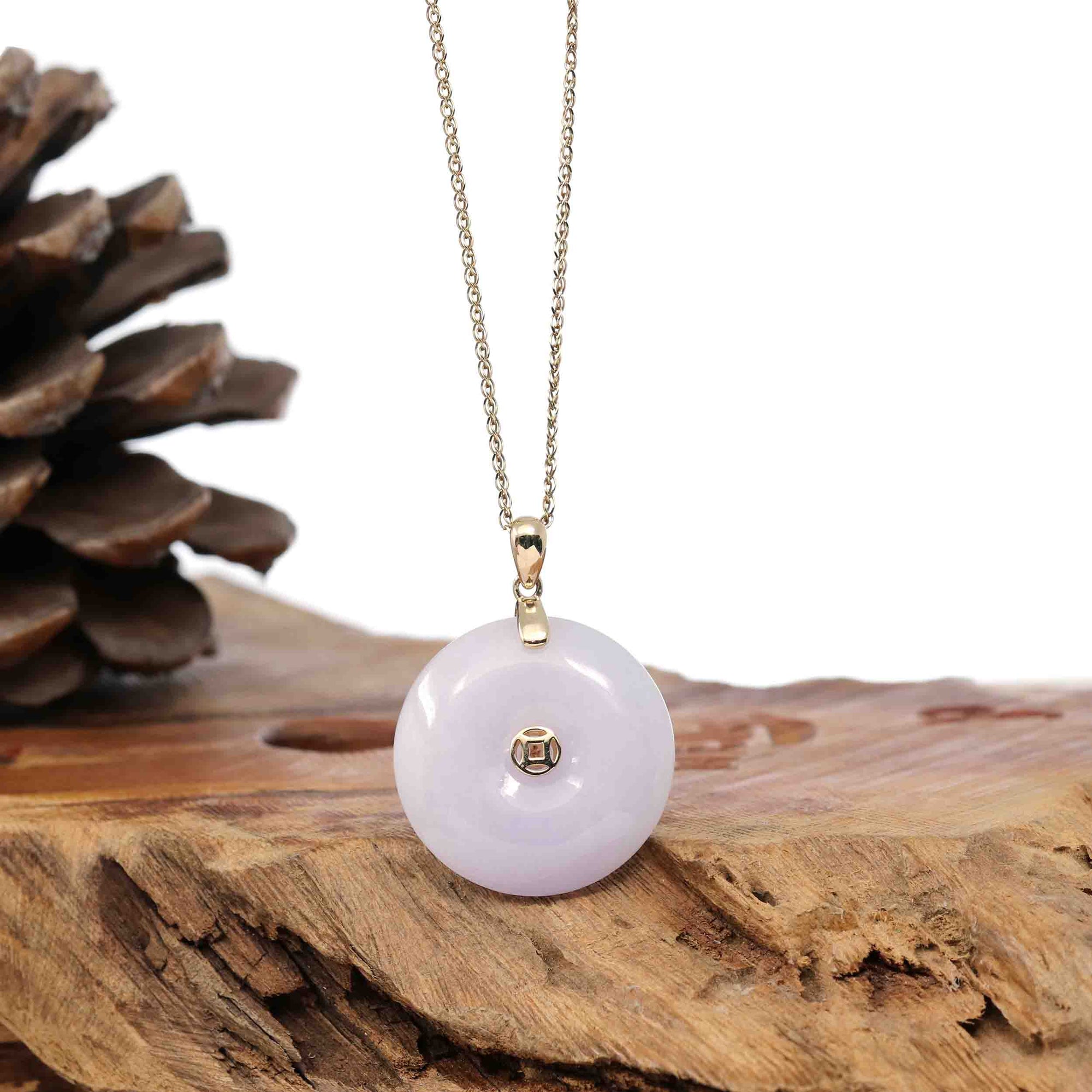 Baikalla Jewelry Gold Jadeite Jade Pendant Necklace Pendant Only &quot;Good Luck Button&quot; Lavender Jadeite Jade Lucky KouKou Pendant With 14K Yellow Gold Bail