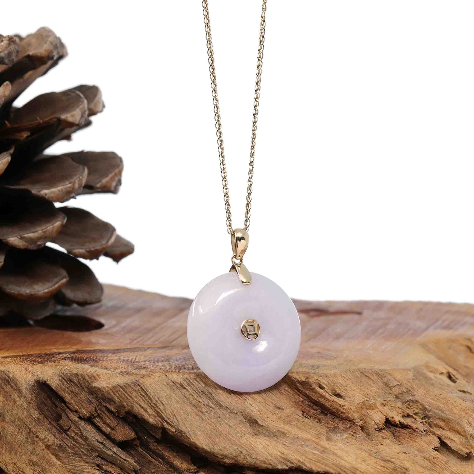 Baikalla Jewelry Gold Jadeite Jade Pendant Necklace &quot;Good Luck Button&quot; Lavender Jadeite Jade Lucky KouKou Pendant With 14K Yellow Gold Bail