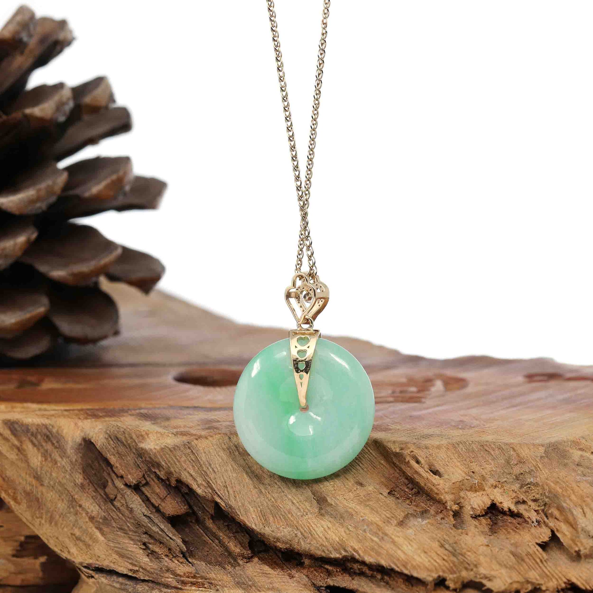 Baikalla Jewelry Gold Jadeite Jade Pendant Necklace 14K Yellow Gold &quot;Good Luck Button&quot; Necklace Green Jadeite Jade Lucky KouKou Pendant Necklace