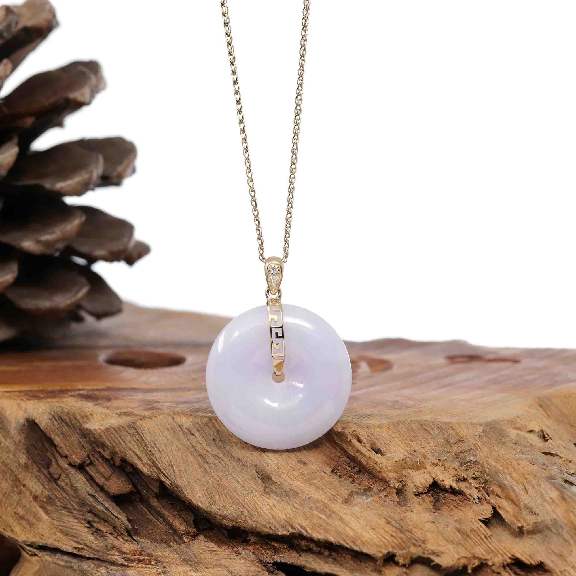 Baikalla Jewelry Gold Jadeite Jade Pendant Necklace Pendant Only &quot;Good Luck Button&quot; Lavender Jadeite Jade Lucky KouKou Pendant With 14K Yellow Gold Bail