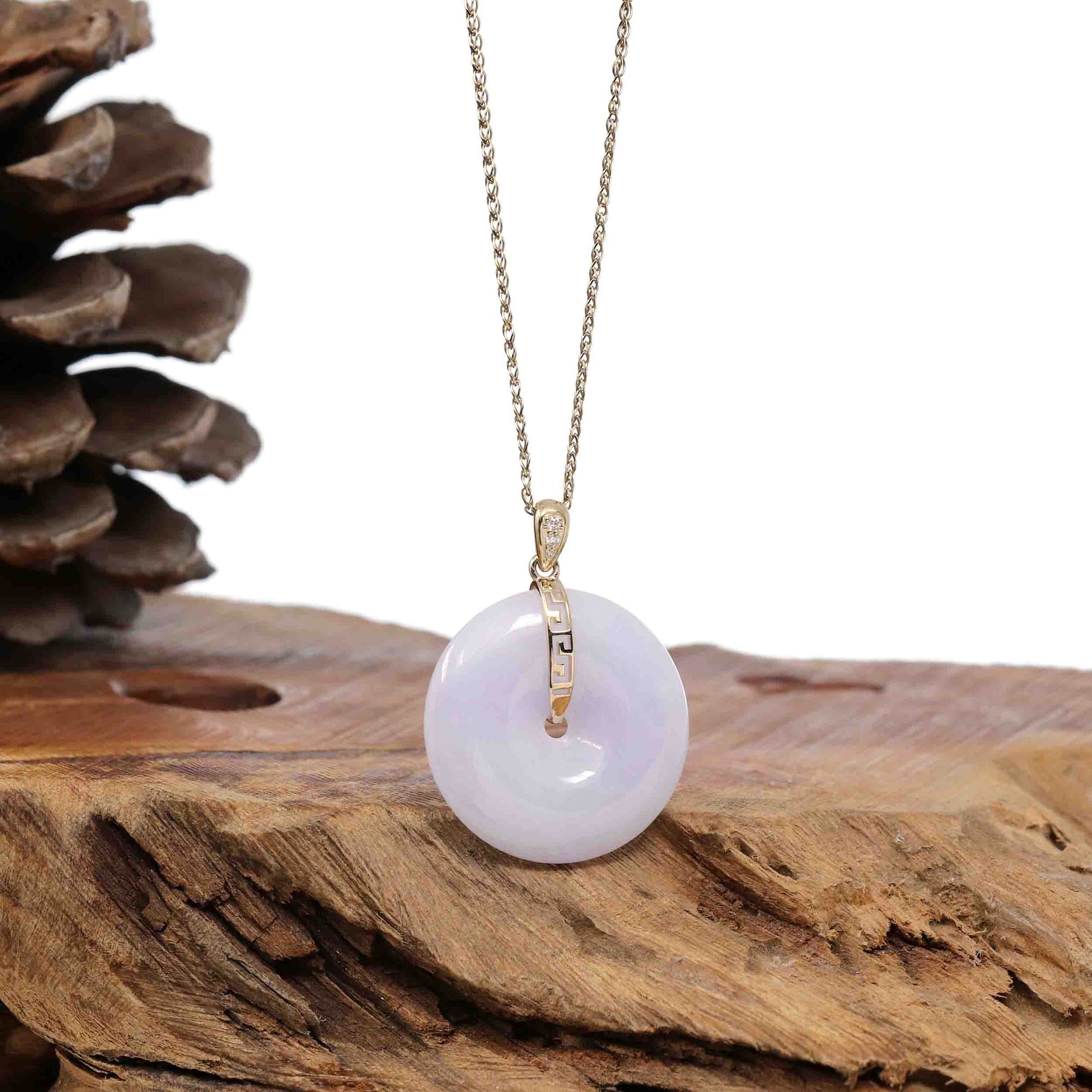 Baikalla Jewelry Gold Jadeite Jade Pendant Necklace "Good Luck Button" Lavender Jadeite Jade Lucky KouKou Pendant With 14K Yellow Gold Bail