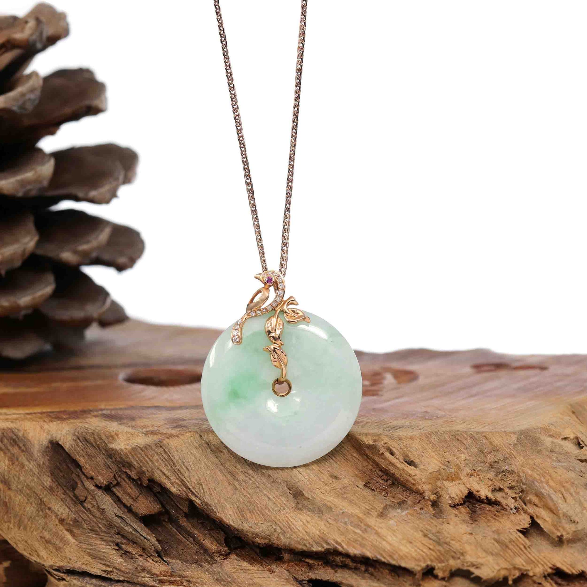 Baikalla Jewelry 18k Gold Jadeite Necklace Baikalla™ &quot;Good Luck Birdie&quot; 18k Rose Gold Genuine Burmese Jadeite Lucky Kou Kou Pendant Necklace With Ruby and Diamond