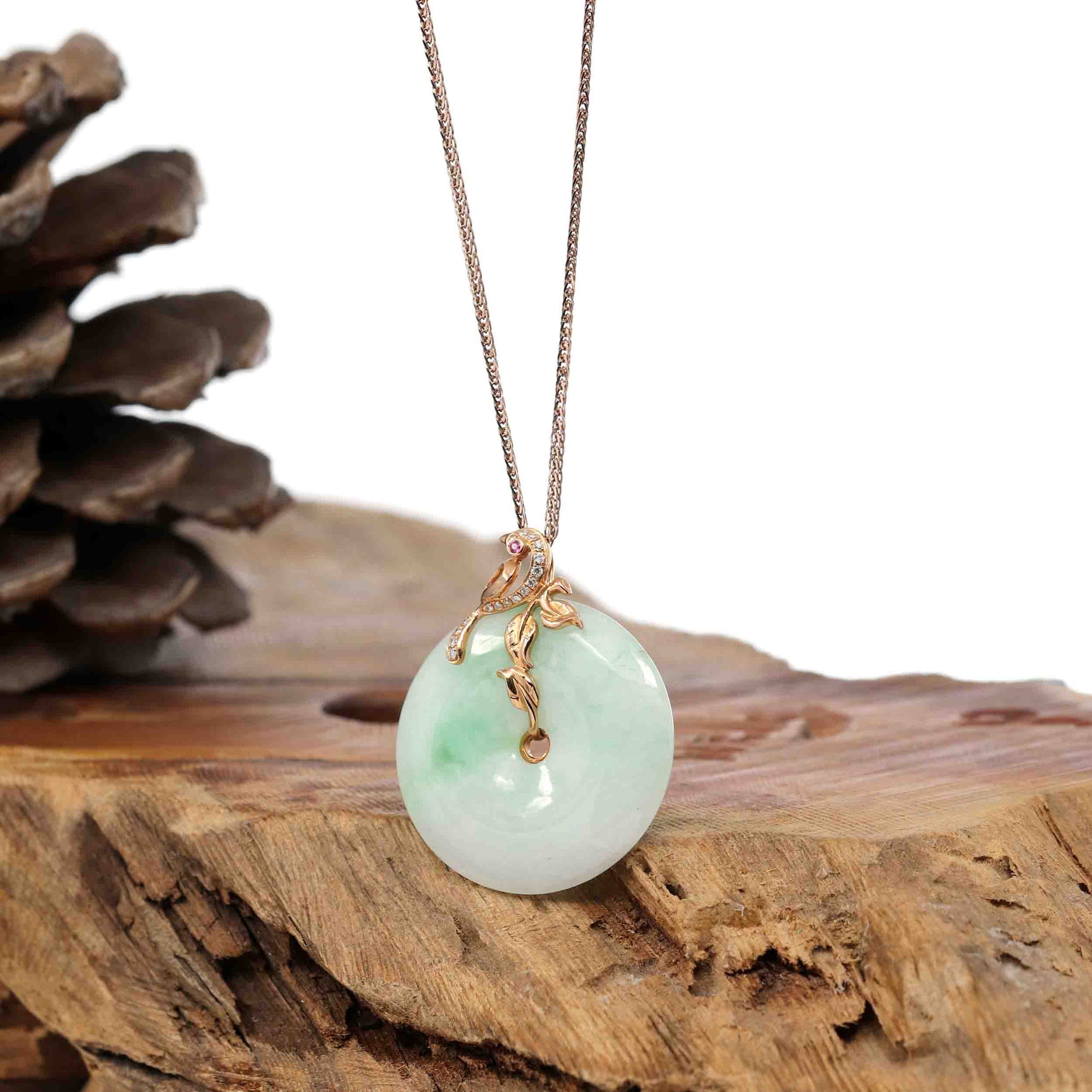 Baikalla Jewelry 18k Gold Jadeite Necklace Baikalla™ "Good Luck Birdie" 18k Rose Gold Genuine Burmese Jadeite Lucky Kou Kou Pendant Necklace With Ruby and Diamond