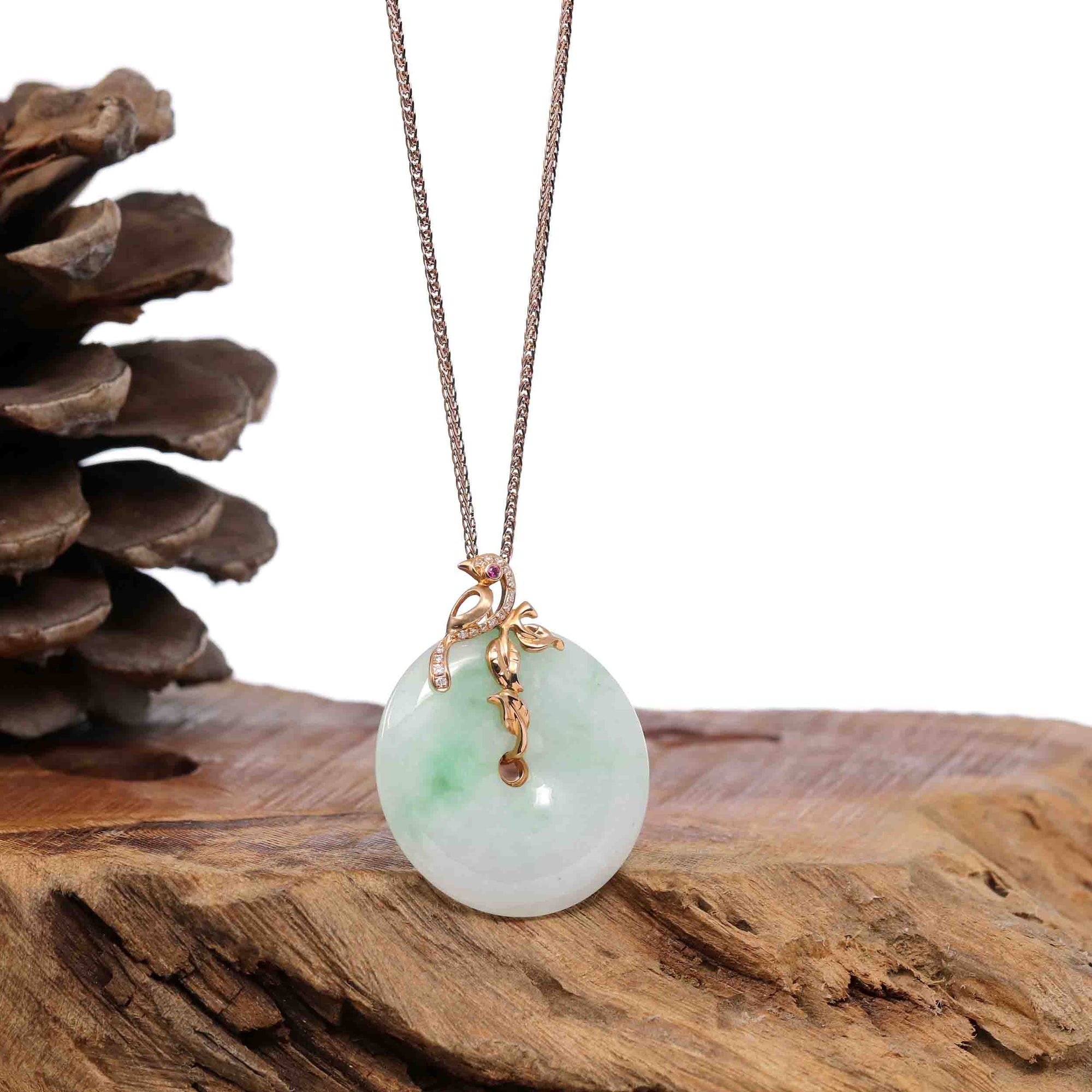 Baikalla Jewelry 18k Gold Jadeite Necklace Pendant Only Baikalla™ &quot;Good Luck Birdie&quot; 18k Rose Gold Genuine Burmese Jadeite Lucky Kou Kou Pendant Necklace With Ruby and Diamond