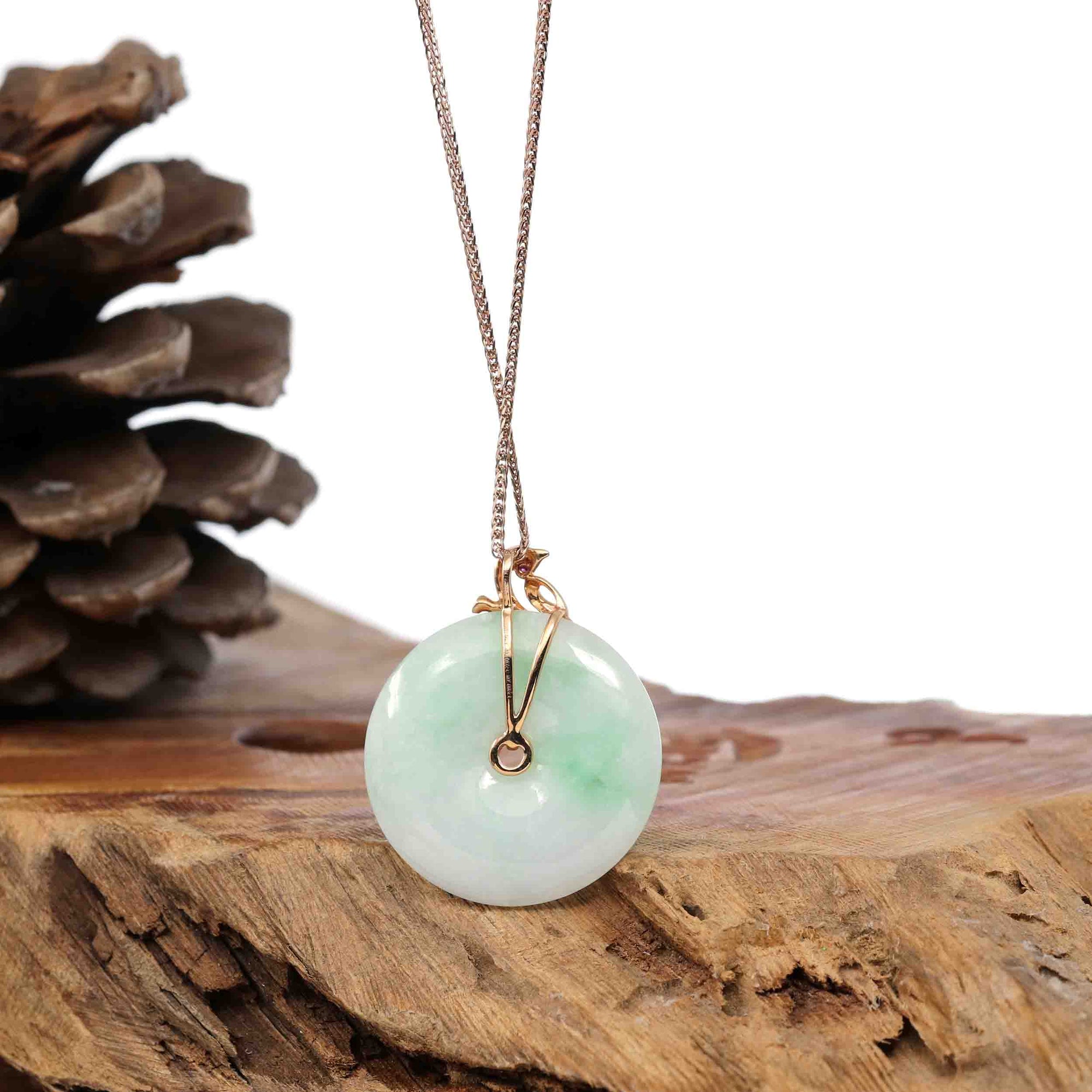 Baikalla Jewelry 18k Gold Jadeite Necklace Baikalla™ "Good Luck Birdie" 18k Rose Gold Genuine Burmese Jadeite Lucky Kou Kou Pendant Necklace With Ruby and Diamond