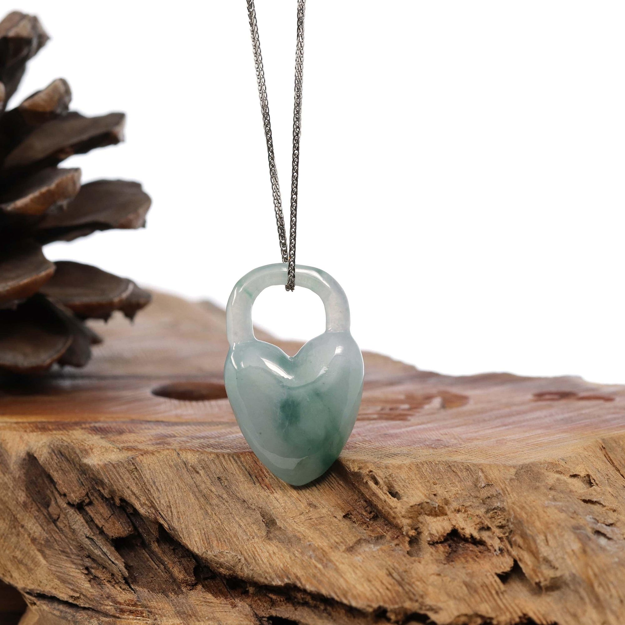 Baikalla Jewelry Jade Pendant Necklace Baikalla Ice Blue-Green Jadeite Jade Heart Lock Necklace Pendant