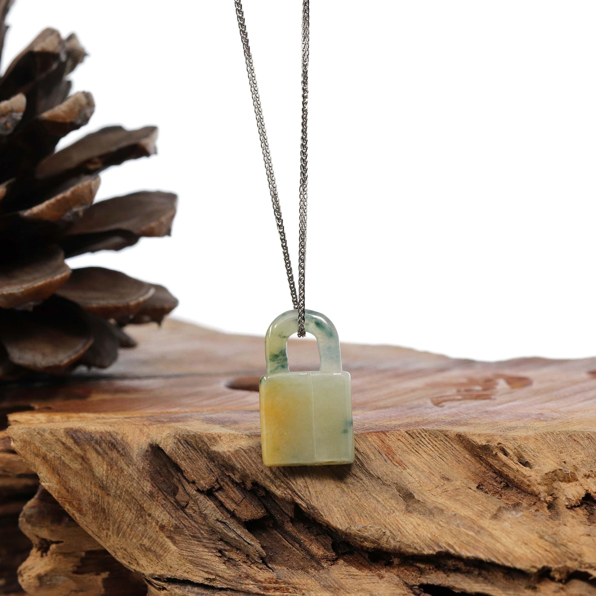 Baikalla Jewelry Jade Pendant Necklace Baikalla Yellow and Ice Jadeite Jade Lock Necklace Pendant