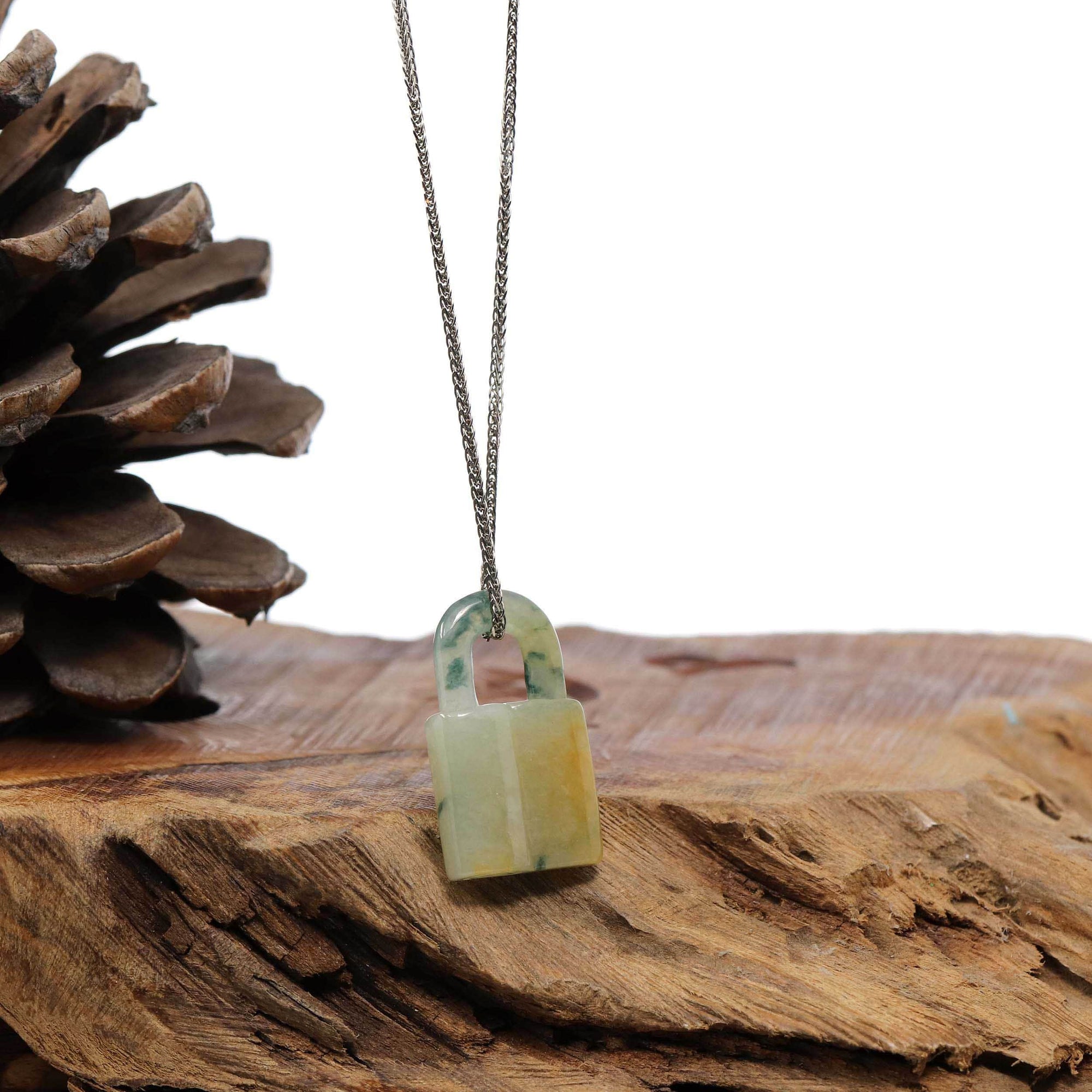 Baikalla Jewelry Jade Pendant Necklace Baikalla Yellow and Ice Jadeite Jade Lock Necklace Pendant