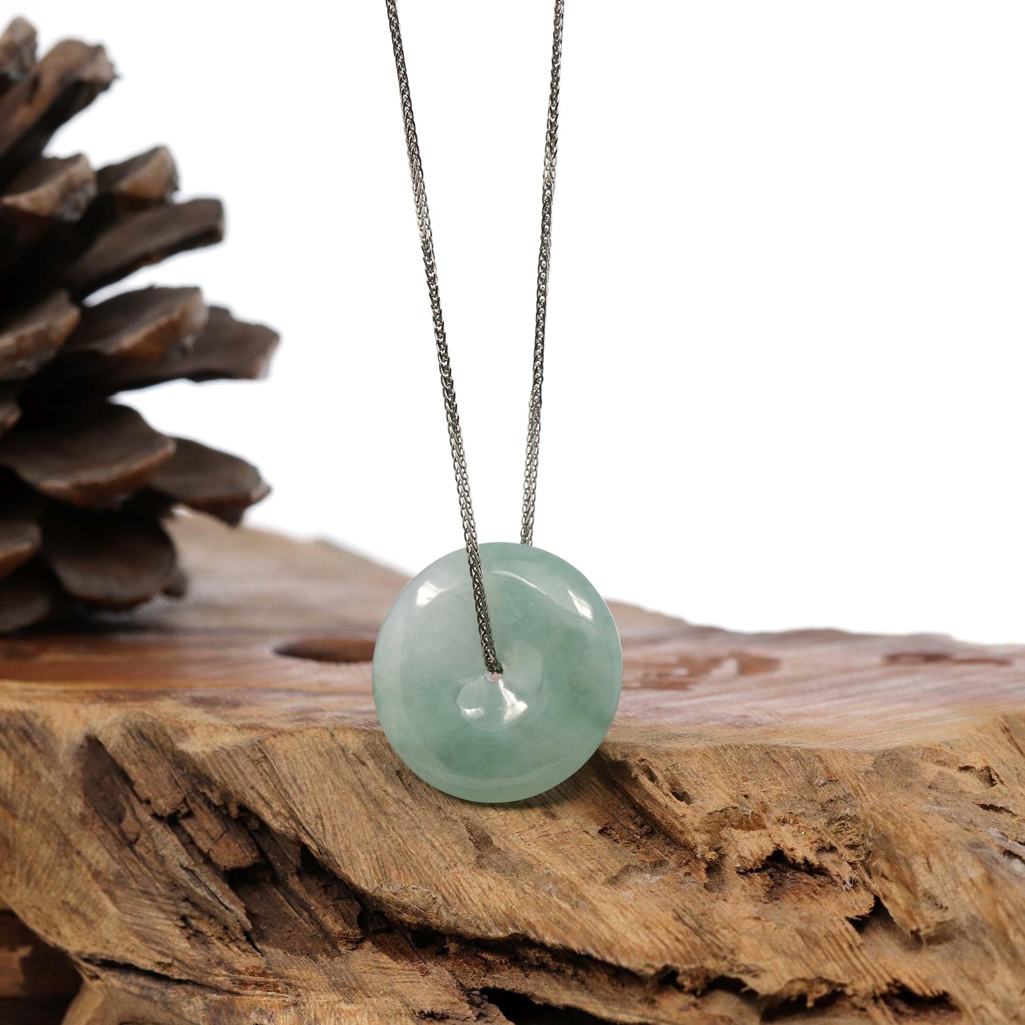 Baikalla Jewelry Gold Jadeite Jade Pendant Necklace "Good Luck Button" Necklace Ice Green Jadeite Jade Pendant Necklace