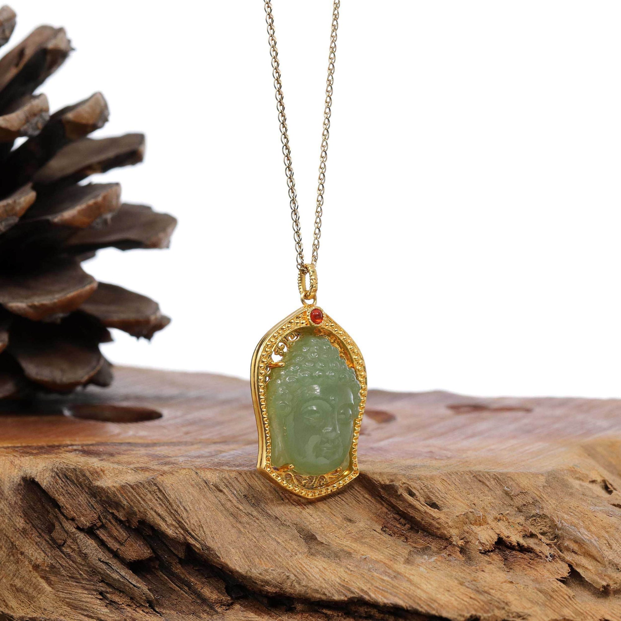 Baikalla Jewelry Gold Jade Pendant PENDANT ONLY Baikalla™ 24K Yellow Gold Genuine Nephrite Green Jade GuanYin Pendant Necklace