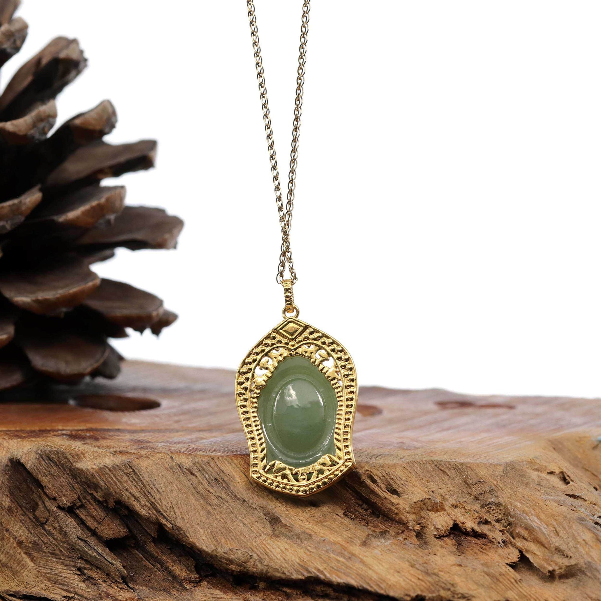 Baikalla Jewelry Gold Jade Pendant Baikalla™ 24K Yellow Gold Genuine Nephrite Green Jade GuanYin Pendant Necklace