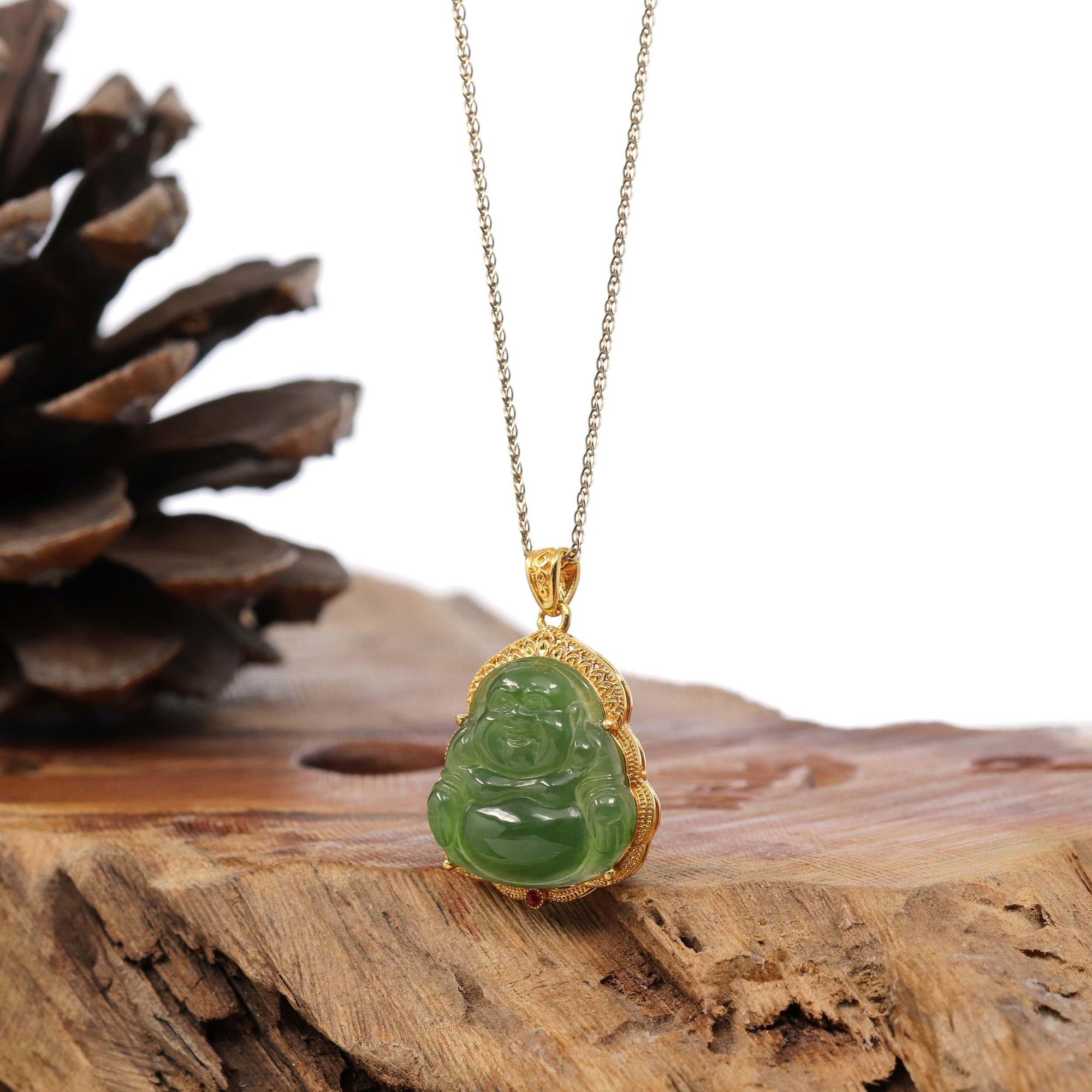 Baikalla Jewelry Jade Pendant Baikalla™ "Laughing Buddha" 24k Yellow Gold Nephrite Jade Necklace Pendant