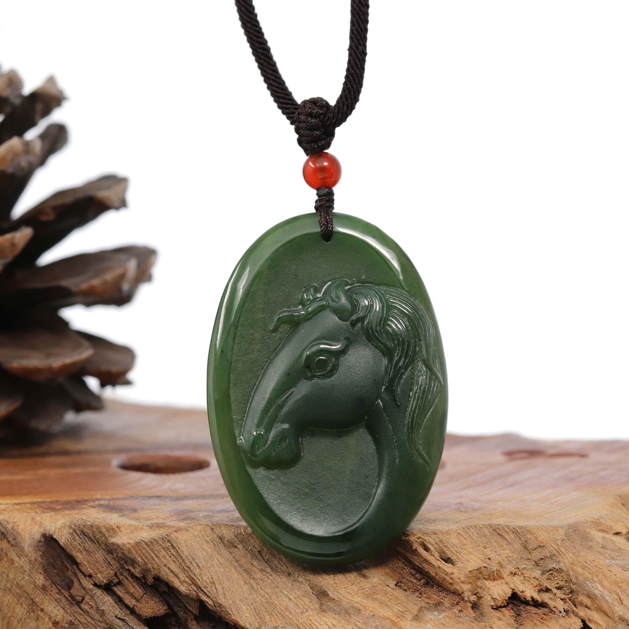 Baikalla Jewelry Jade Carving Necklace Natural Jade 12 Zodiac: Nephrite Jade Horse Pendant Necklace in Deep Green