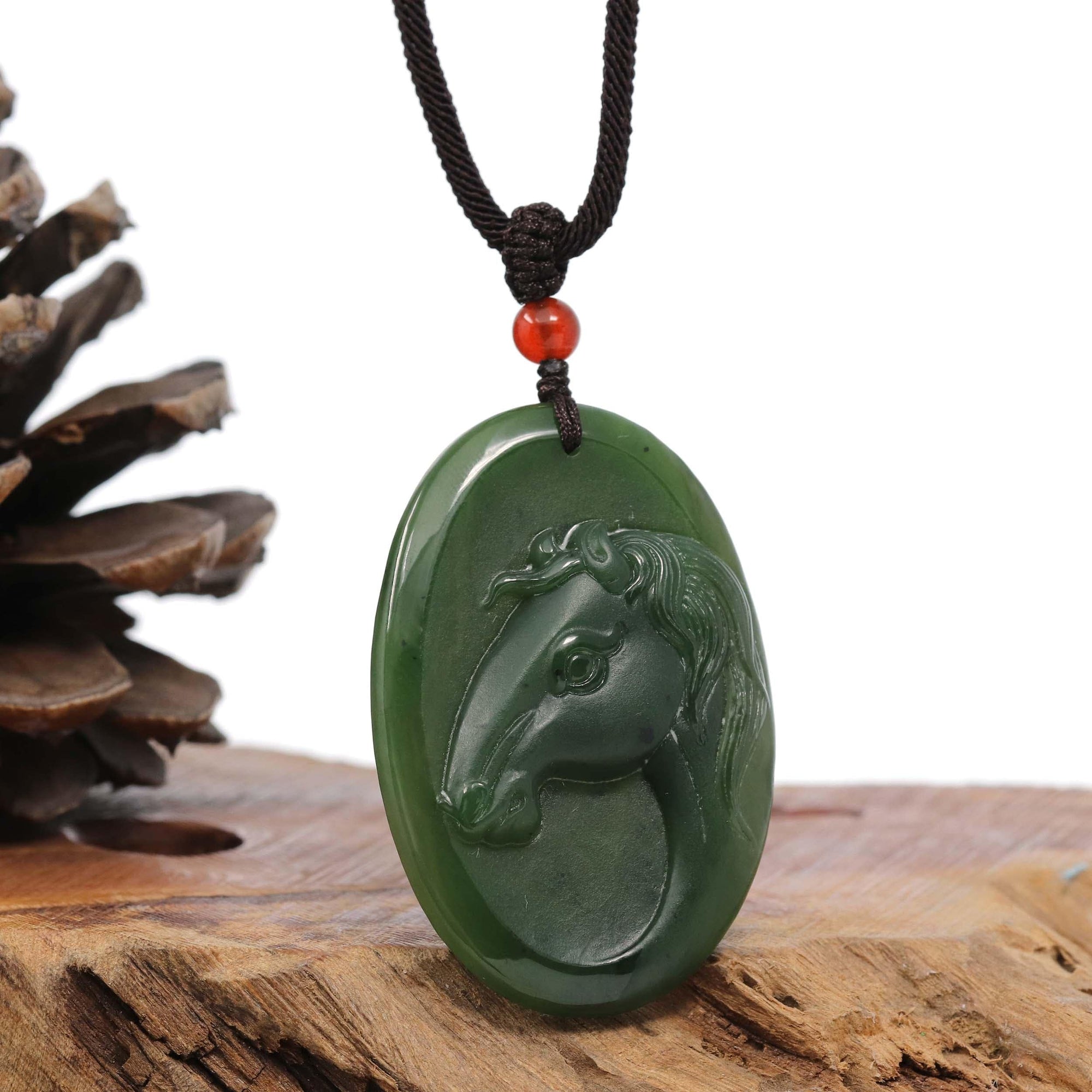 Baikalla Jewelry Jade Carving Necklace Natural Jade 12 Zodiac: Nephrite Jade Horse Pendant Necklace in Deep Green