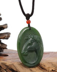 Baikalla Jewelry Jade Carving Necklace Natural Jade 12 Zodiac: Nephrite Jade Horse Pendant Necklace in Deep Green