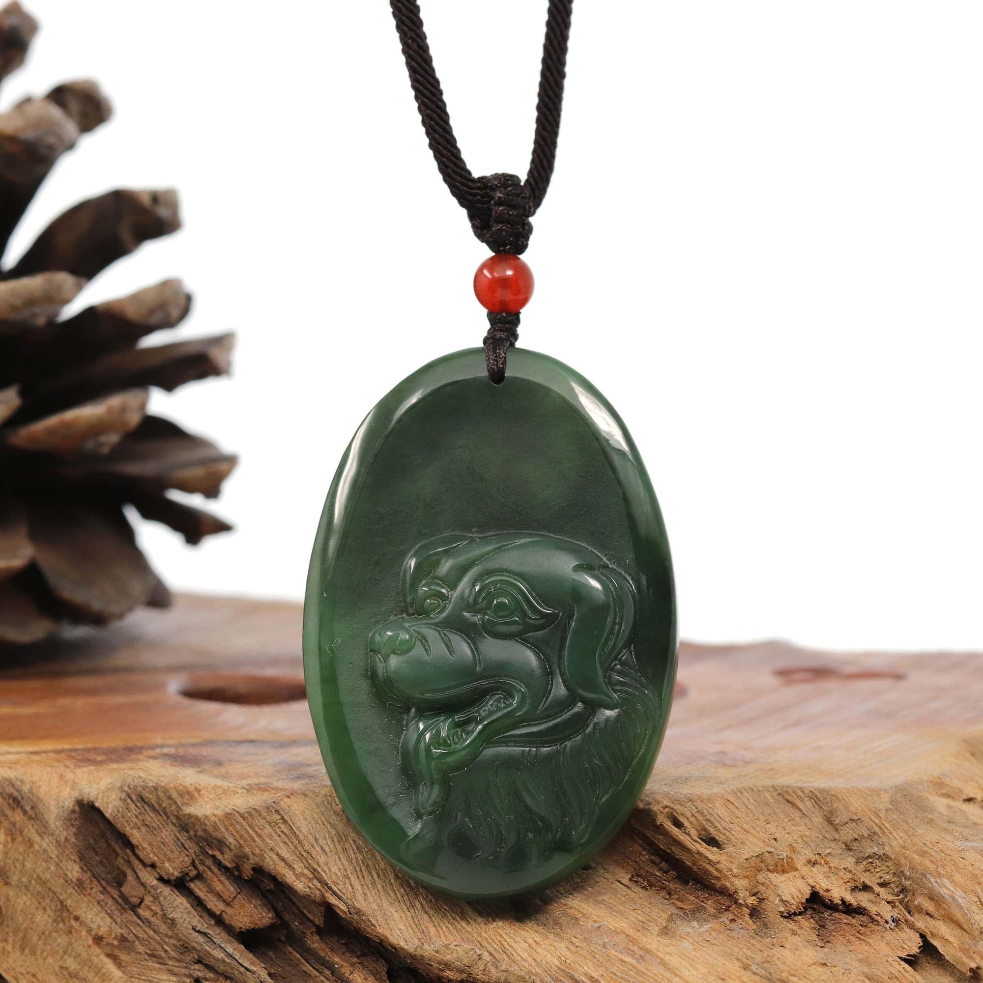 Baikalla Jewelry Jade Carving Necklace Natural Jade 12 Zodiac: Nephrite Jade Dog Pendant Necklace in Deep Green