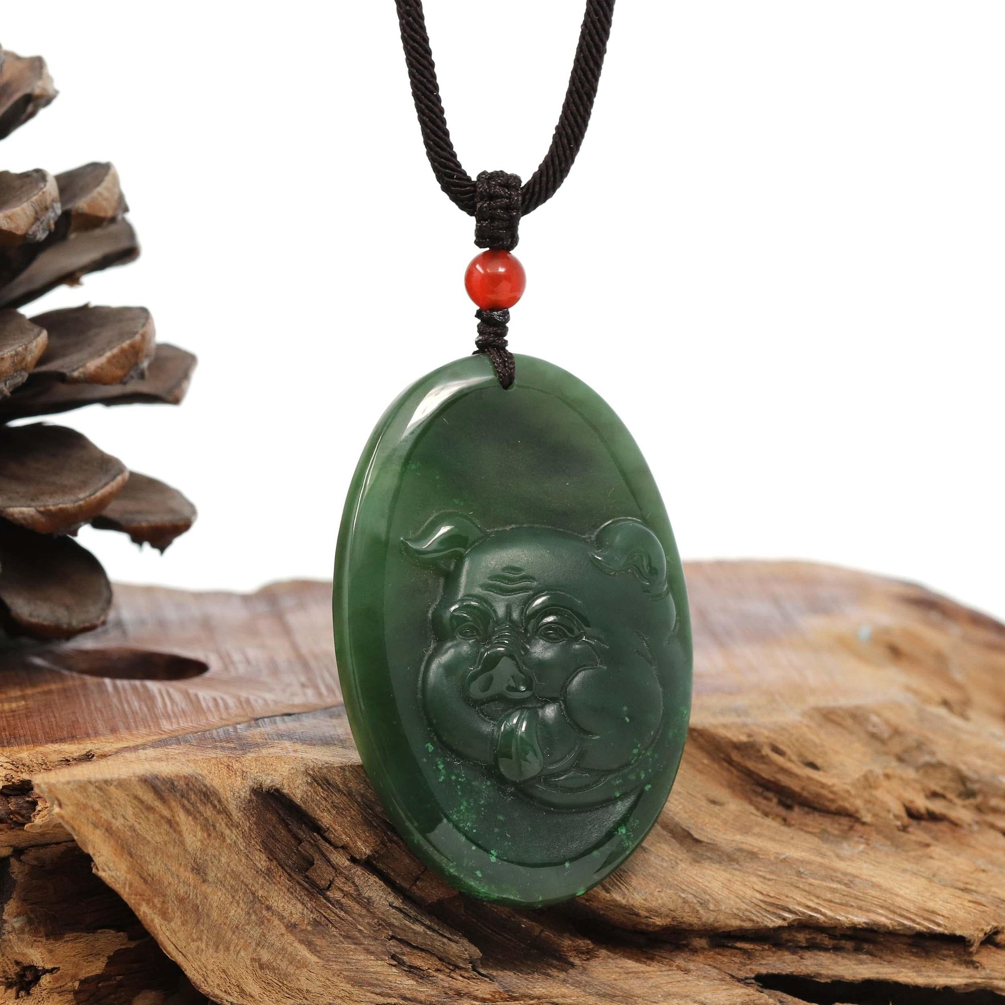 Baikalla Jewelry Jade Carving Necklace Natural Jade 12 Zodiac: Nephrite Jade Hog Pendant Necklace in Deep Green