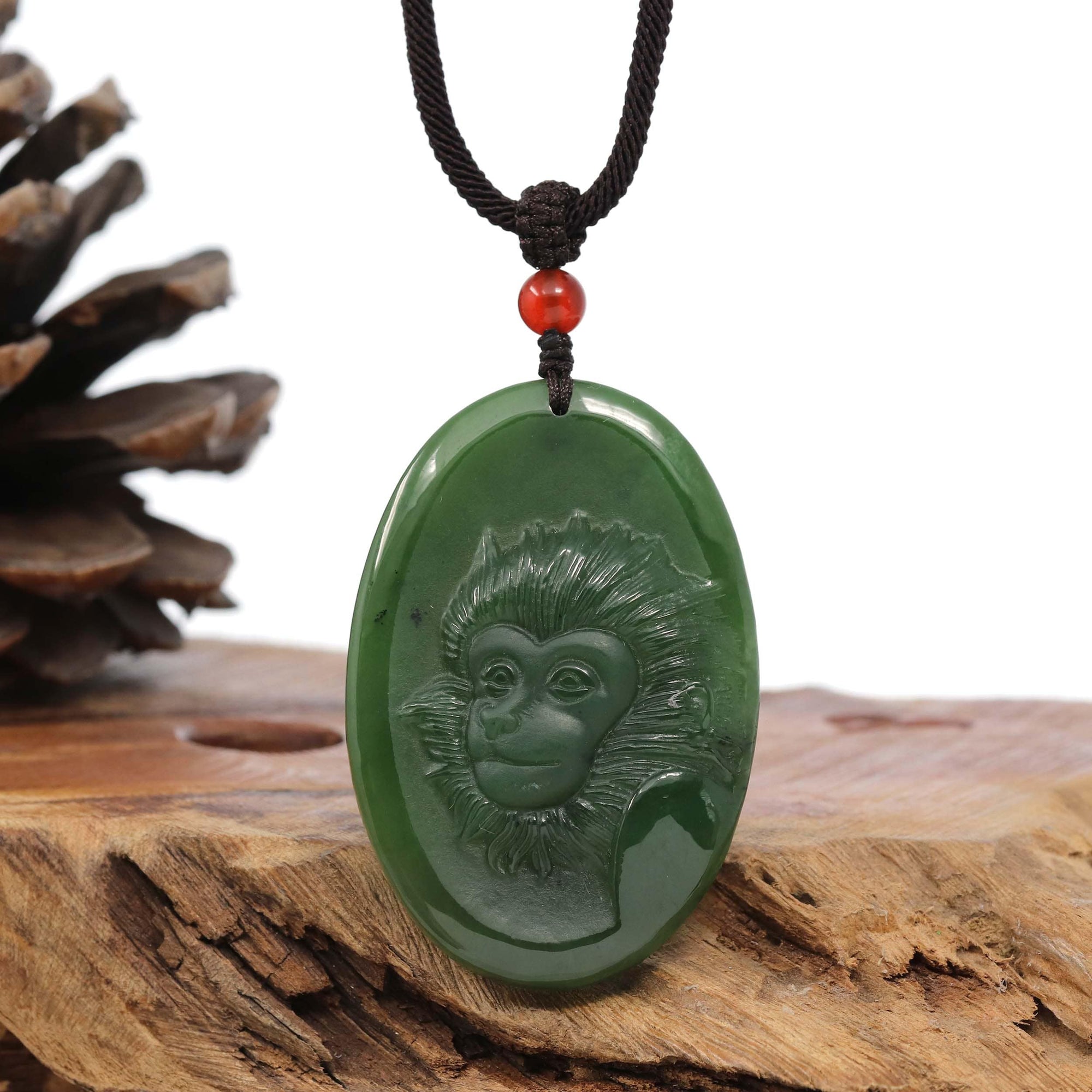 Baikalla Jewelry Jade Carving Necklace Natural Jade 12 Zodiac: Nephrite Jade Monkey Pendant Necklace in Deep Green