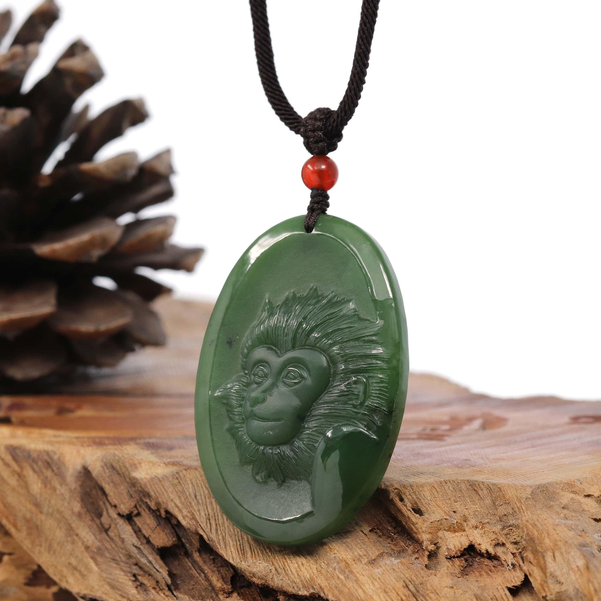 Baikalla Jewelry Jade Carving Necklace Natural Jade 12 Zodiac: Nephrite Jade Monkey Pendant Necklace in Deep Green