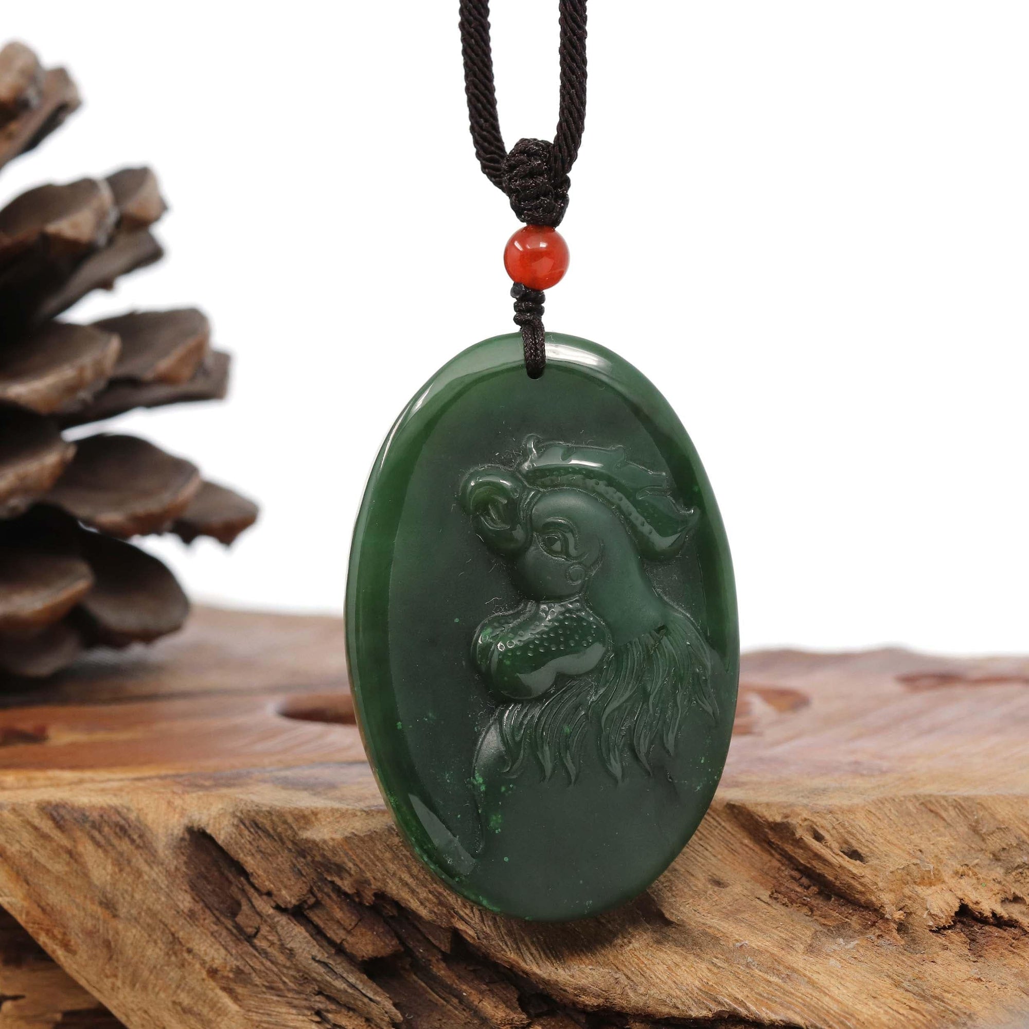 Baikalla Jewelry Jade Carving Necklace Natural Jade 12 Zodiac: Nephrite Jade Rooster Pendant Necklace in Deep Green