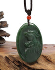 Baikalla Jewelry Jade Carving Necklace Natural Jade 12 Zodiac: Nephrite Jade Rooster Pendant Necklace in Deep Green