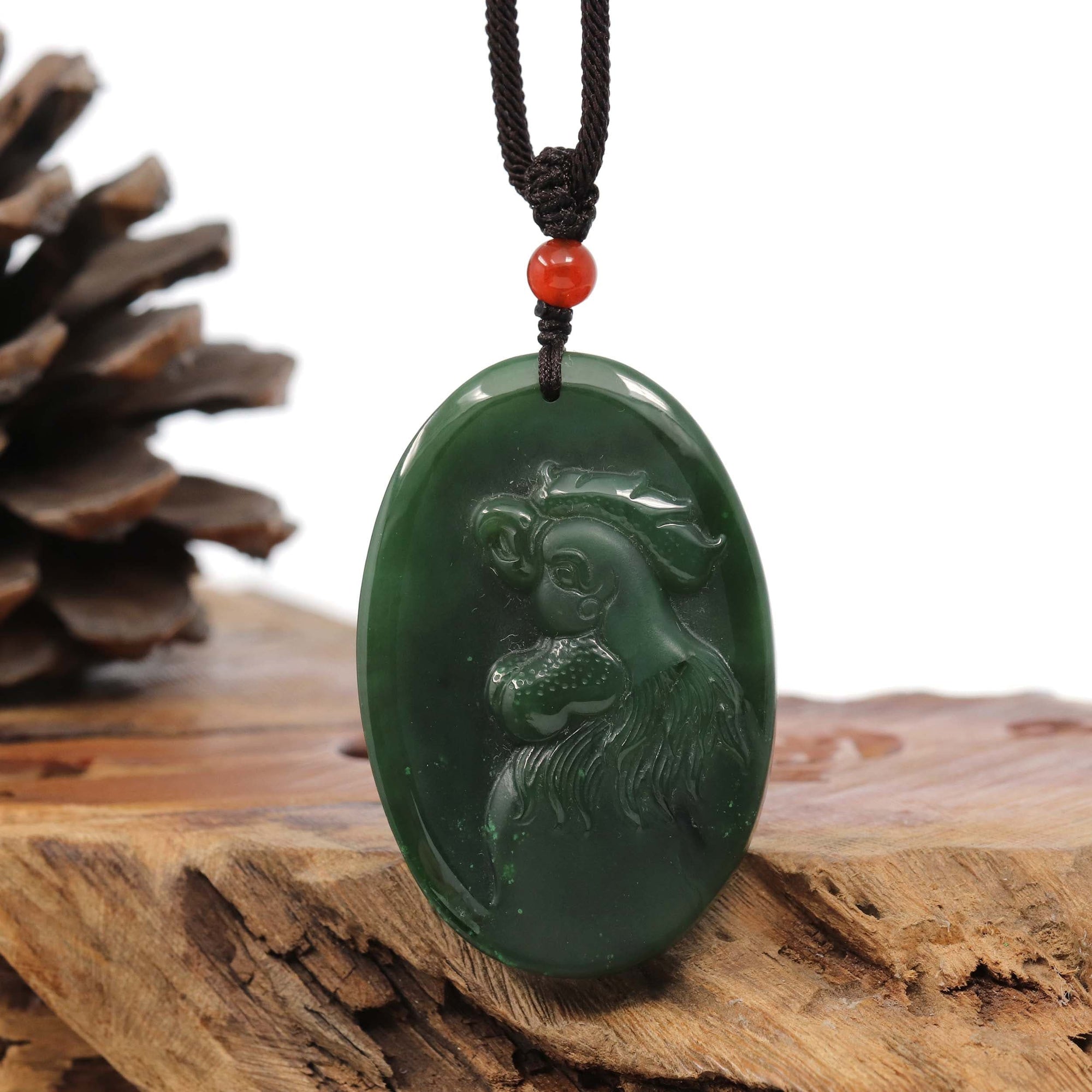 Baikalla Jewelry Jade Carving Necklace Natural Jade 12 Zodiac: Nephrite Jade Rooster Pendant Necklace in Deep Green