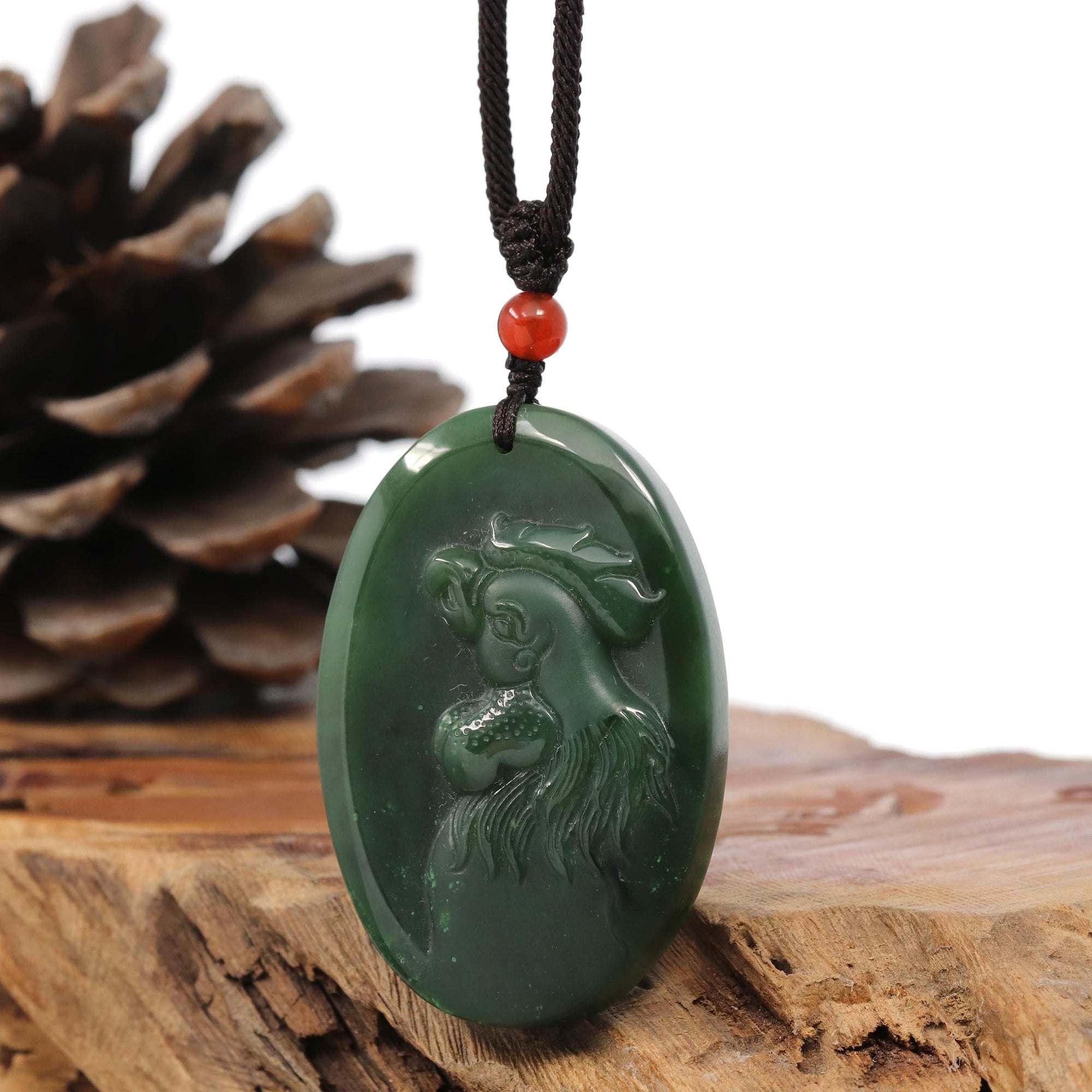 Baikalla Jewelry Jade Carving Necklace Natural Jade 12 Zodiac: Nephrite Jade Rooster Pendant Necklace in Deep Green