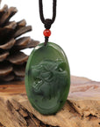 Baikalla Jewelry Jade Carving Necklace Natural Jade 12 Zodiac: Nephrite Jade Tiger Pendant Necklace in Deep Green