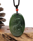 Baikalla Jewelry Jade Carving Necklace Natural Jade 12 Zodiac: Nephrite Jade Snake Pendant Necklace in Deep Green