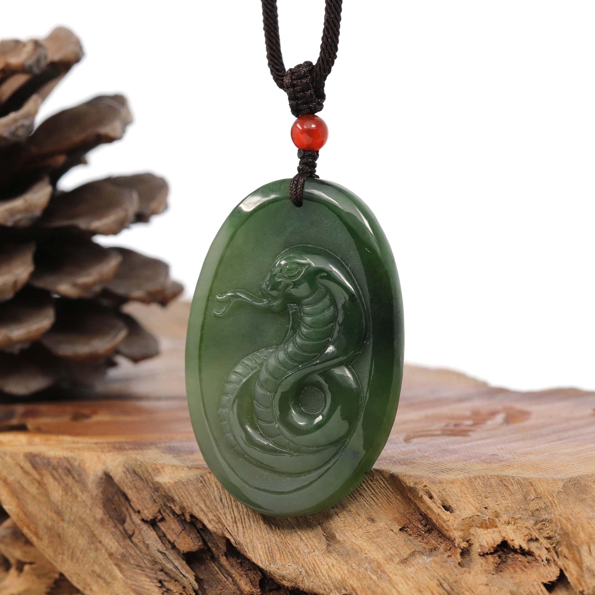 Baikalla Jewelry Jade Carving Necklace Natural Jade 12 Zodiac: Nephrite Jade Snake Pendant Necklace in Deep Green