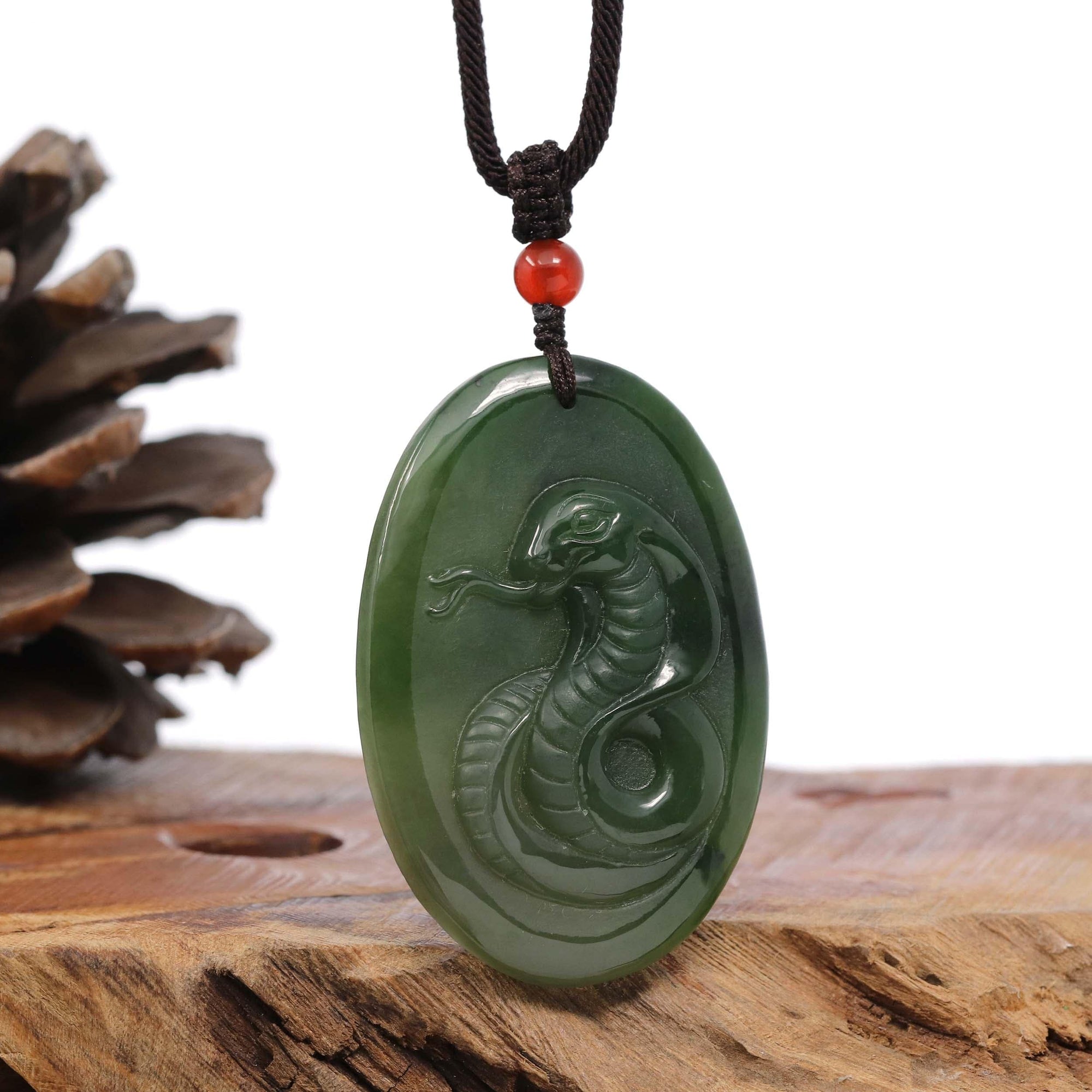 Baikalla Jewelry Jade Carving Necklace Natural Jade 12 Zodiac: Nephrite Jade Snake Pendant Necklace in Deep Green