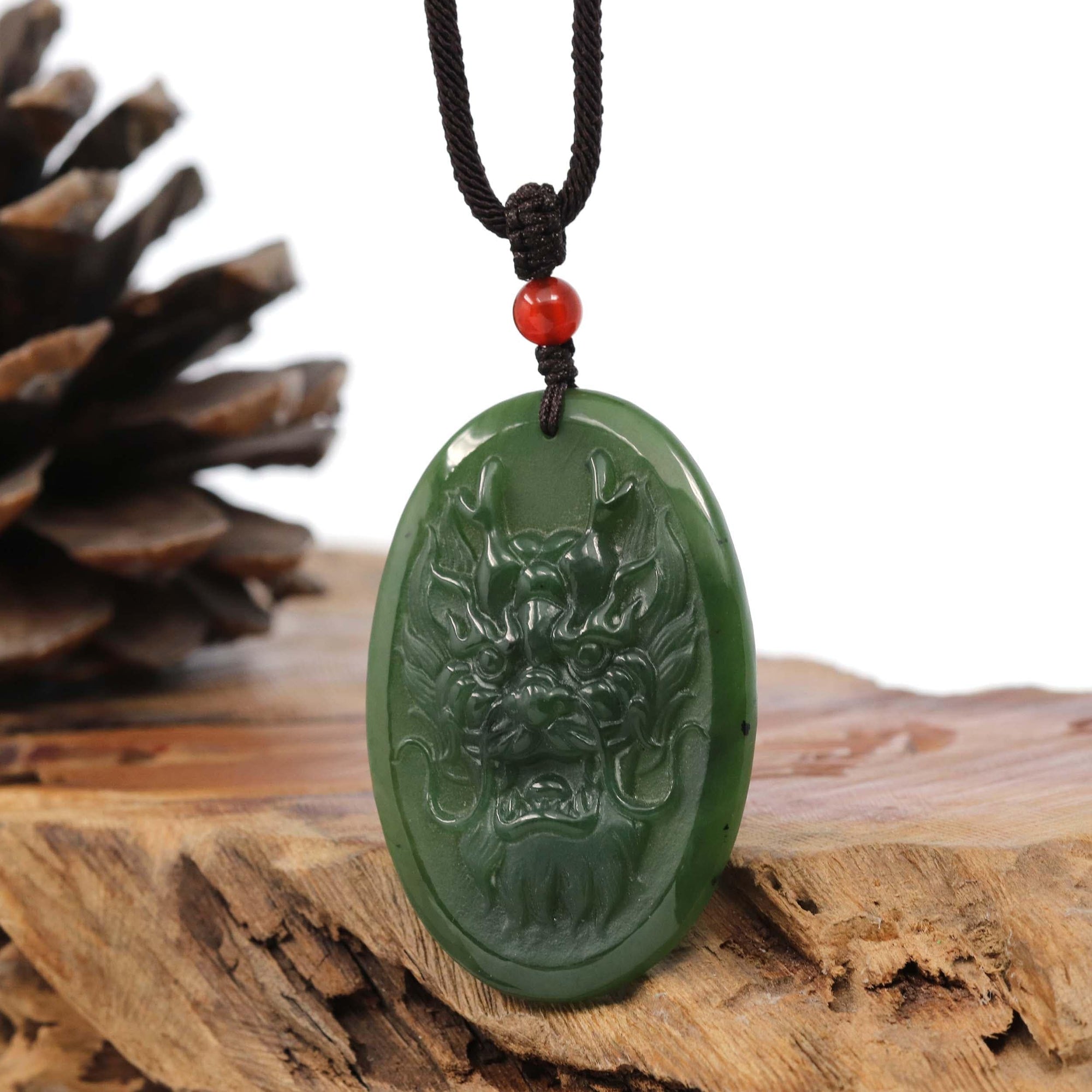 Baikalla Jewelry Jade Carving Necklace Natural Jade 12 Zodiac: Nephrite Jade Dragon Pendant Necklace in Deep Green