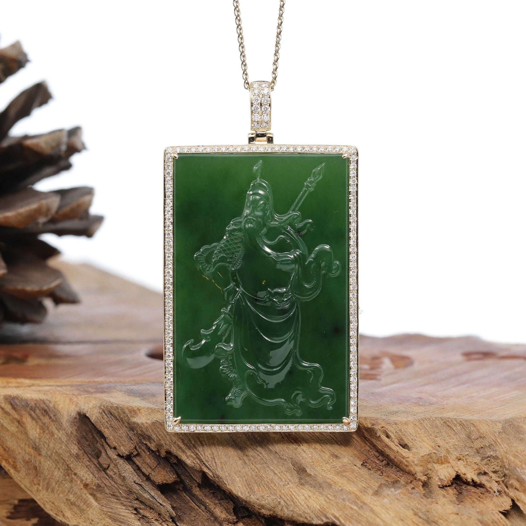 Baikalla Jewelry Gold Jade Buddha Baikalla™ "Guangong" Large 14k Yellow Gold Genuine Apple Green Nephrite Jade with VS1 Diamonds Pendant Necklace High-end Collectable