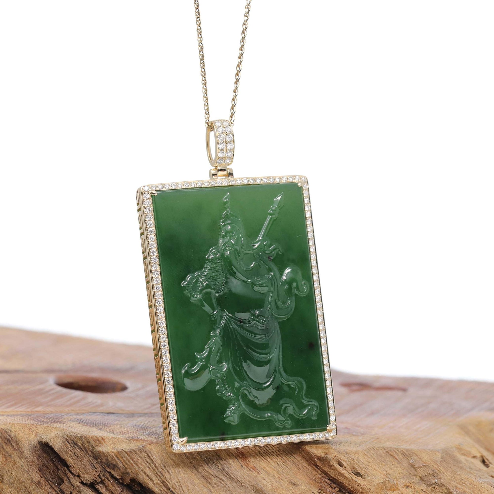 Baikalla Jewelry Gold Jade Buddha Baikalla™ "Guangong" Large 14k Yellow Gold Genuine Apple Green Nephrite Jade with VS1 Diamonds Pendant Necklace High-end Collectable