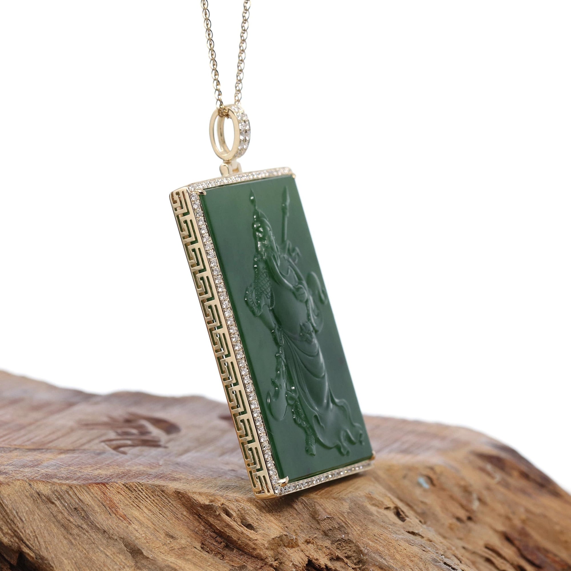 Baikalla Jewelry Gold Jade Buddha Baikalla™ "Guangong" Large 14k Yellow Gold Genuine Apple Green Nephrite Jade with VS1 Diamonds Pendant Necklace High-end Collectable