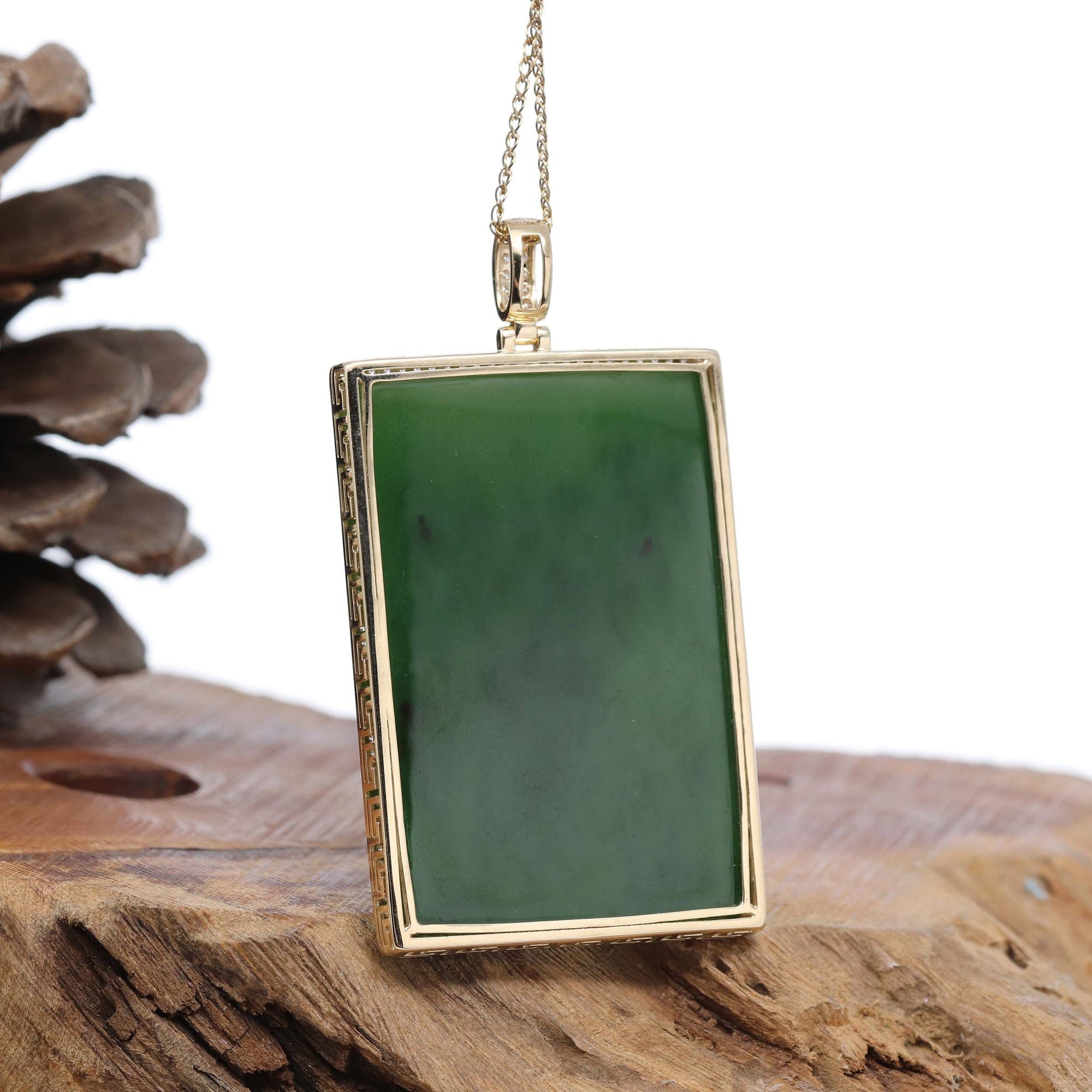 Baikalla Jewelry Gold Jade Buddha Baikalla™ "Guangong" Large 14k Yellow Gold Genuine Apple Green Nephrite Jade with VS1 Diamonds Pendant Necklace High-end Collectable