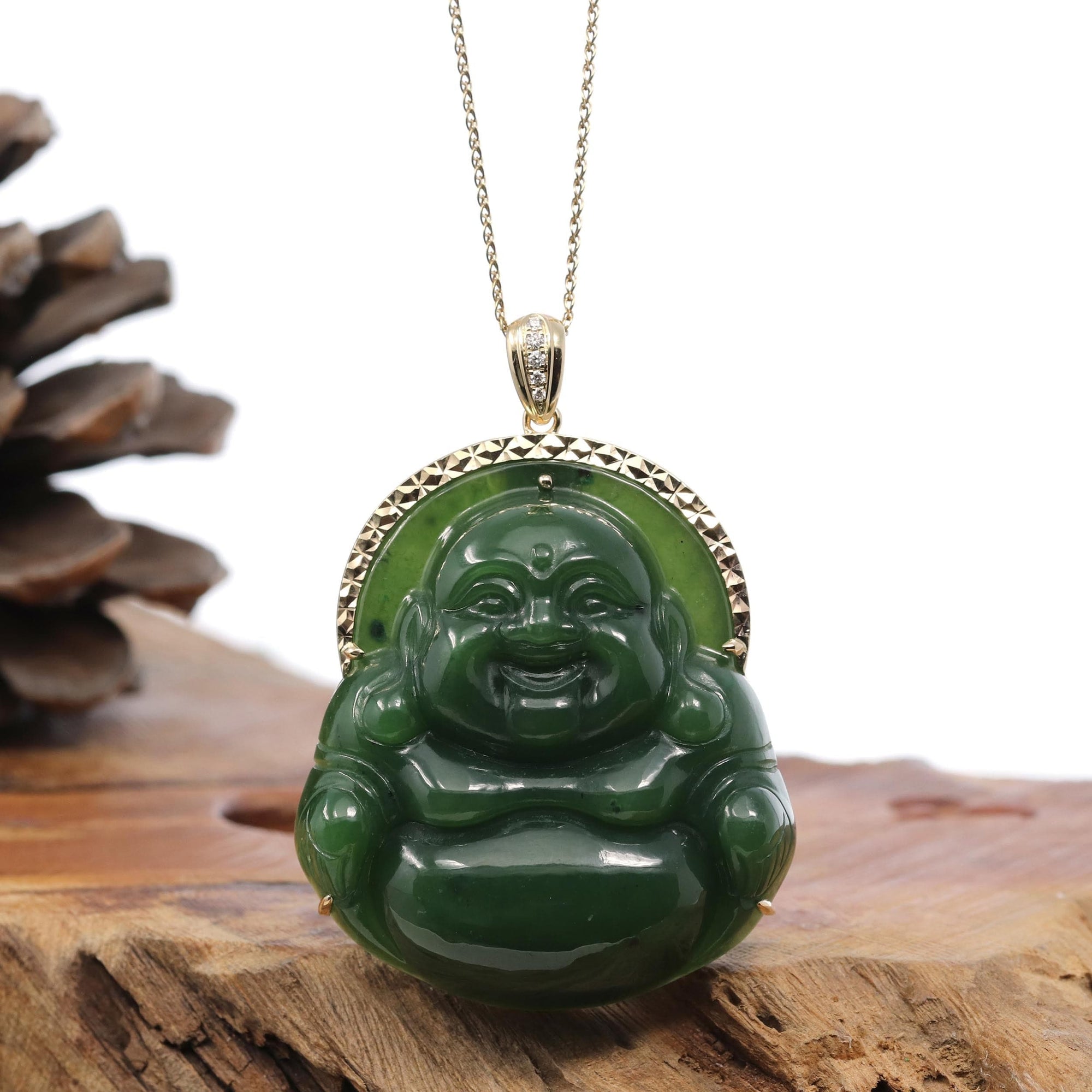 Baikalla Jewelry Gold Jade Buddha Baikalla™ &quot;Laughing Buddha&quot; Large 14k Yellow Gold Genuine Nephrite Green Jade with Diamonds Buddha Pendant Necklace High-end Collectable