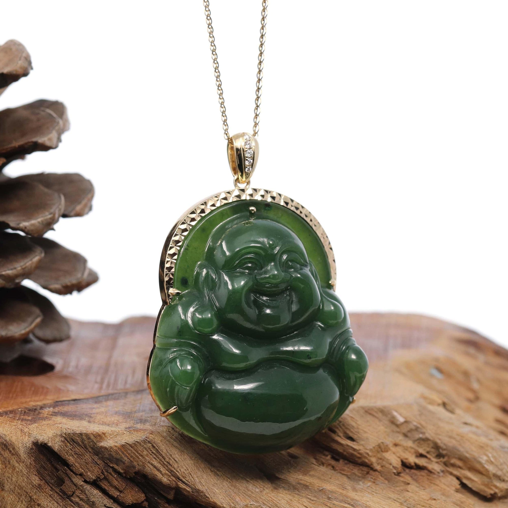 Baikalla Jewelry Gold Jade Buddha Baikalla™ &quot;Laughing Buddha&quot; Large 14k Yellow Gold Genuine Nephrite Green Jade with Diamonds Buddha Pendant Necklace High-end Collectable