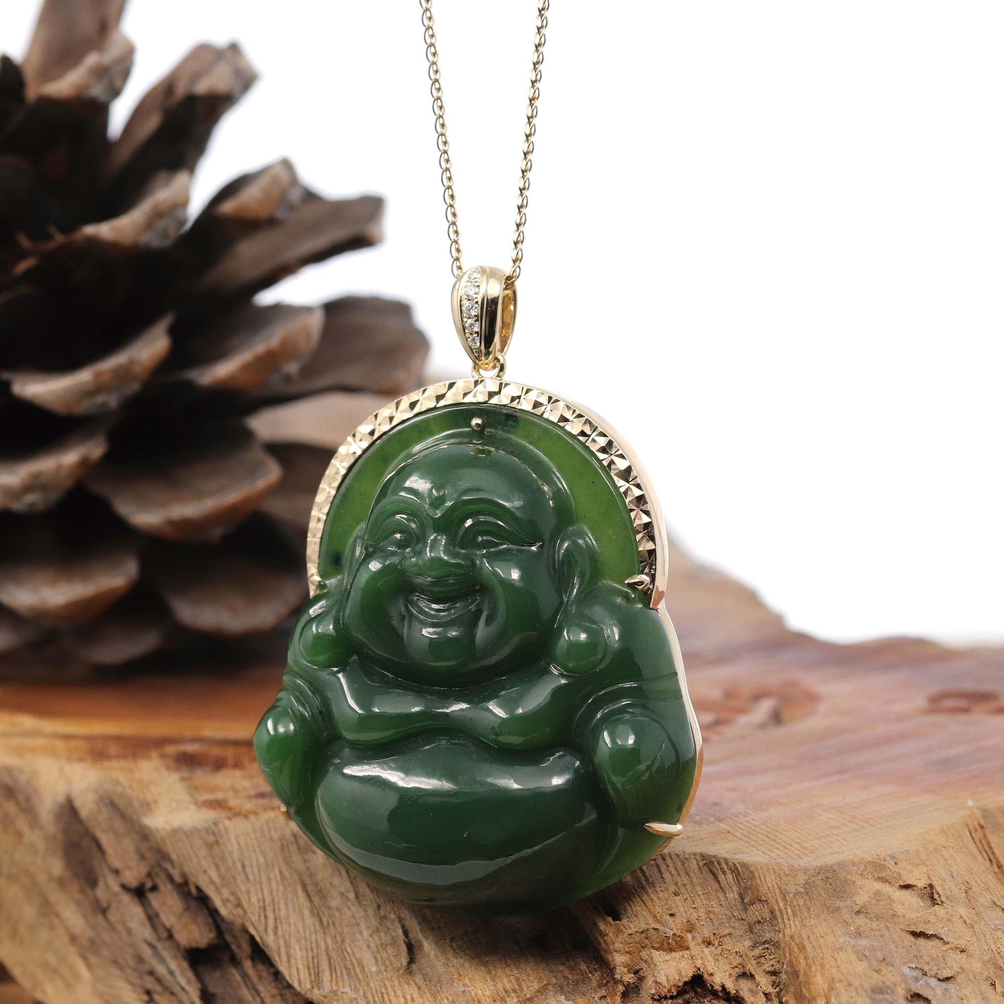 Baikalla Jewelry Gold Jade Buddha Baikalla™ &quot;Laughing Buddha&quot; Large 14k Yellow Gold Genuine Nephrite Green Jade with Diamonds Buddha Pendant Necklace High-end Collectable