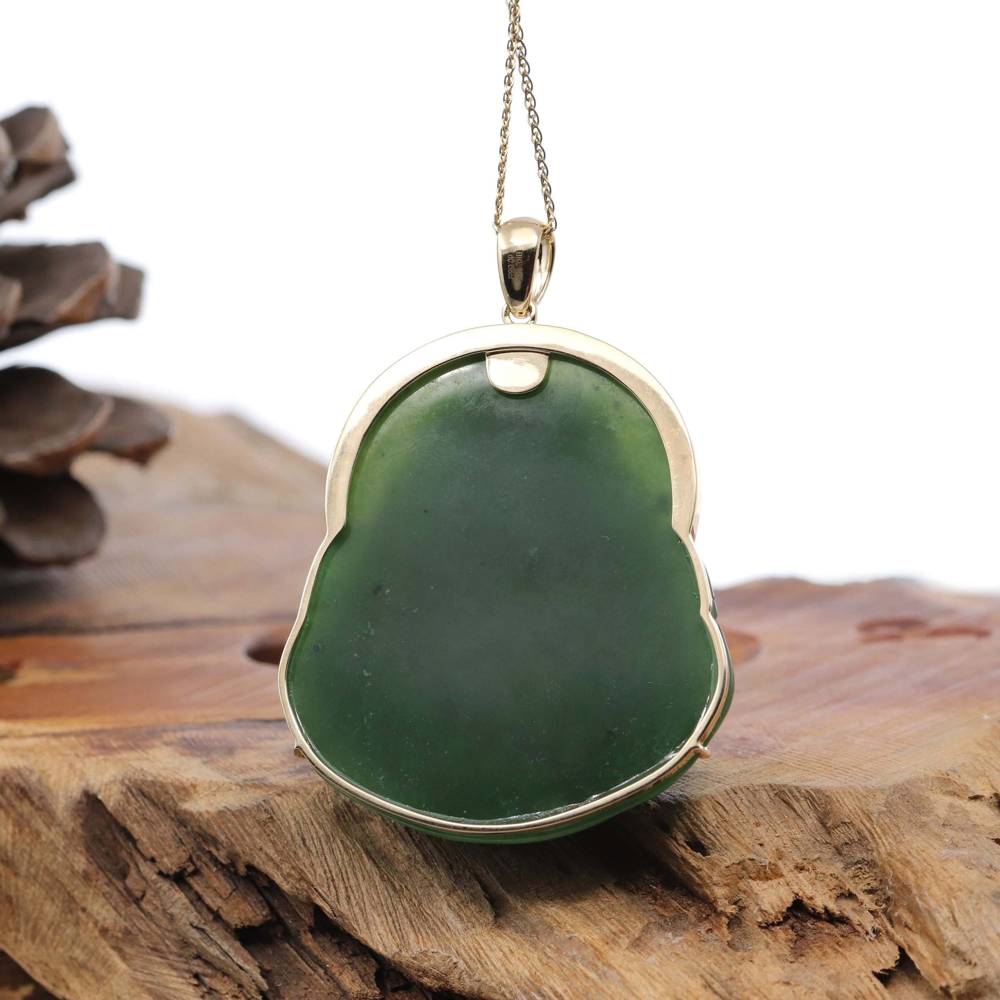 Baikalla Jewelry Gold Jade Buddha Baikalla™ &quot;Laughing Buddha&quot; Large 14k Yellow Gold Genuine Nephrite Green Jade with Diamonds Buddha Pendant Necklace High-end Collectable