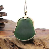 Baikalla Jewelry Gold Jade Buddha Baikalla™ "Laughing Buddha" Large 14k Yellow Gold Genuine Nephrite Green Jade with Diamonds Buddha Pendant Necklace High-end Collectable